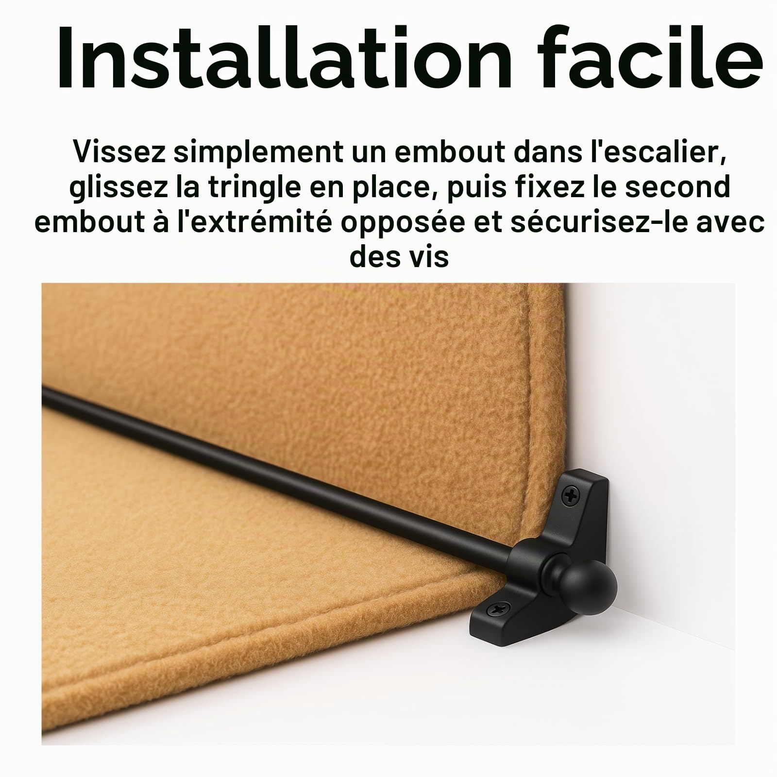 Lot de 13 tiges d'escalier décoratives en métal noir avec embouts ronds et vis pour tapis jusqu'à 70 cm, faciles à couper et à installer