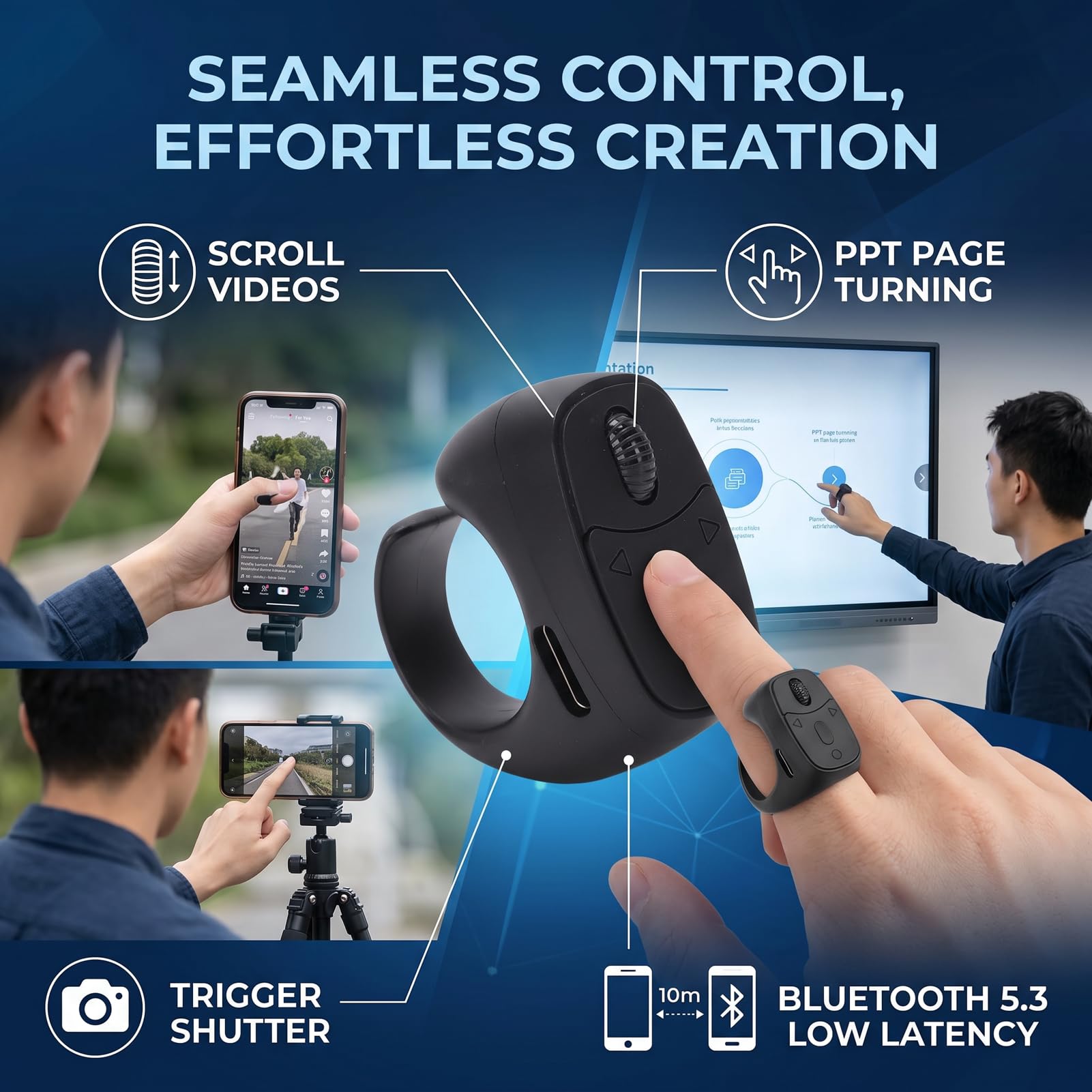 Annadue Anneau de Défilement à Distance pour TikTok, Enregistrement Vidéo Multifonctionnel avec Caméra, Tourne-Page Bluetooth, Anneau de Défilement Bluetooth Télécommande pour Téléphone (Black)