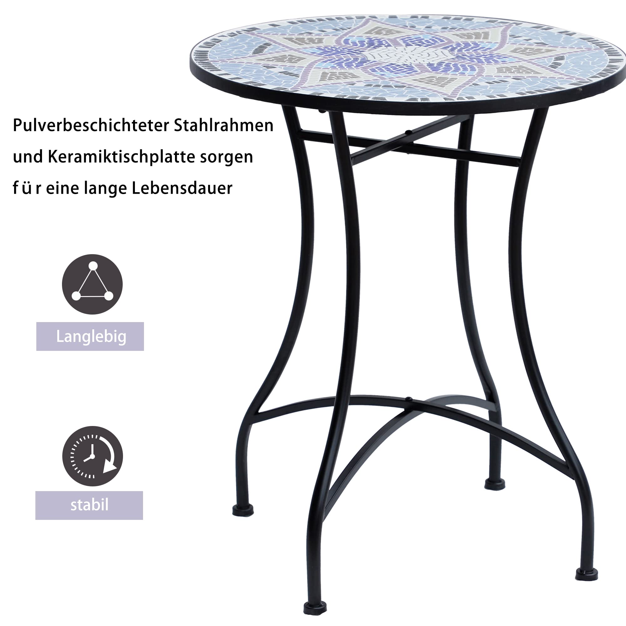 Outsunny Gartentisch Mosaiktisch Balkontisch Beistelltisch Seviertisch rund Stahl + Keramik Blau + Weiß Ø60 x H71 cm