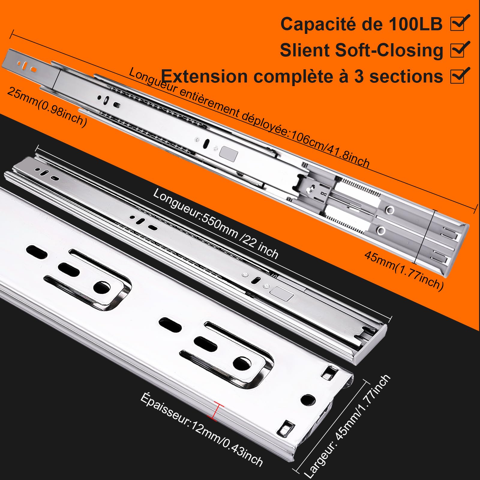 glissières de tiroir 6 paires (12 pièces),55cm glissiere pour tiroir, amortisseur coulisse tiroir avec roulements à billes, montage latéral,extension complète, capacité de charge 45 Kg,argenté