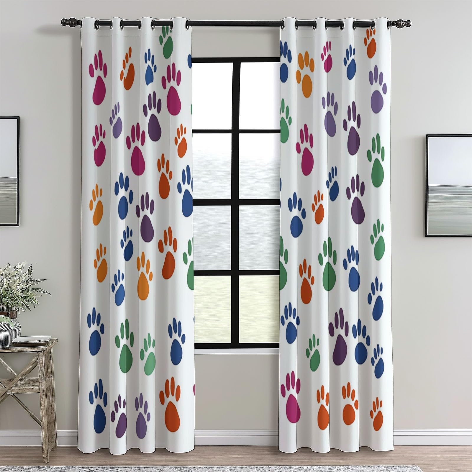 Gardinen Blickdichter Bunte Hundepfote Drucke Bedruckte Vorhänge H215x B110 cm (2er Pack) Verdunkelung mit Ösen für Farbe