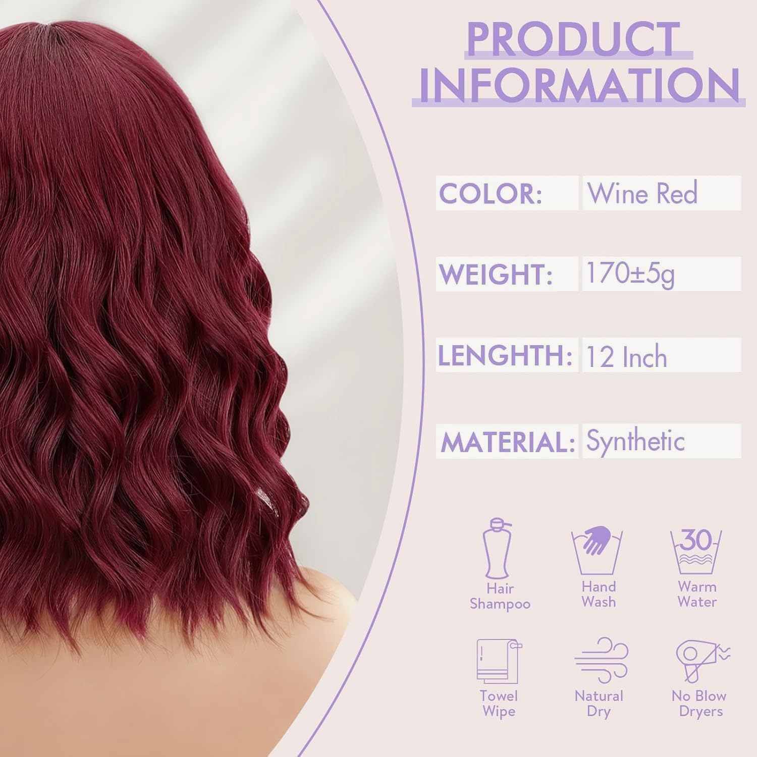 PORSMEER Short Burgundy Wavy Bob Wig with Natural Lace Middle Parting,Shoulder Length Synthetic Hair Wig Realistic Looking Wigs for Daily Party Use 14”,Dark Red - Image 3