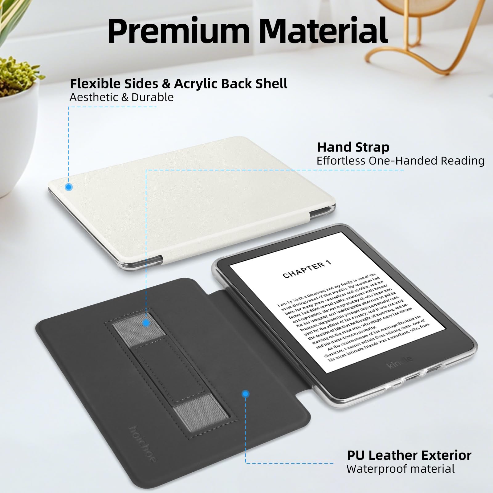 Schutzhülle für Kindle 15,2 cm (6 Zoll), Version 2024/2022 (11 Generation), leichtes PU-Leder und transparente Hartschale mit Handschlaufe, automatischer Schlaf-/Wachmodus, Cremeweiß