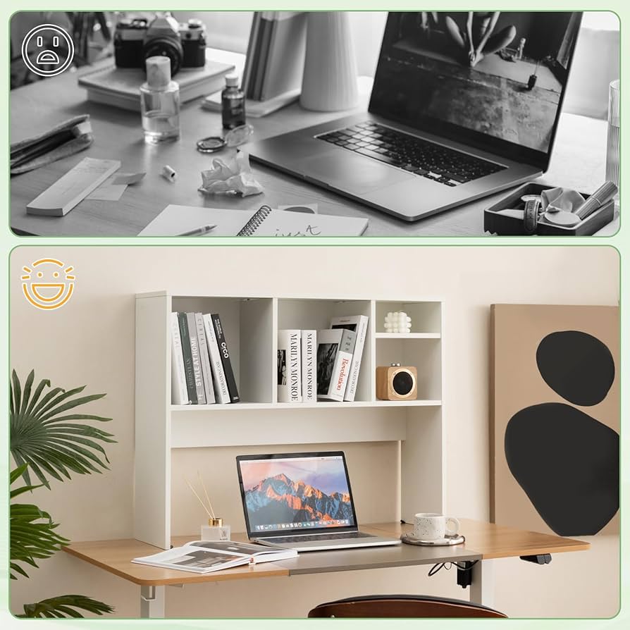 Desk Hutch, Desktop Bookshelf With 5 Shelves, Wood Desk Shelf For Computer, 3-Tier Desktop Bookshelf Organizer For Home Office Dorm, White