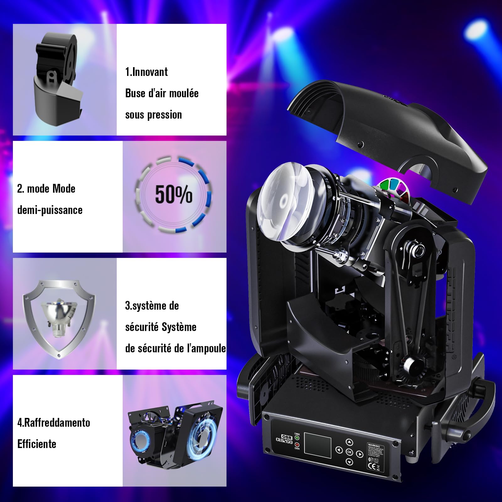 BETOPPER Lyre Led Moving Head Lampe 512 DMX RGBW 260W Éclairage de Scène Tête Mobile Jeux Lumiere Disco de Scène pour Scène, DJ, Bar, Mariage, Fête, Discothèque (1 PCS)