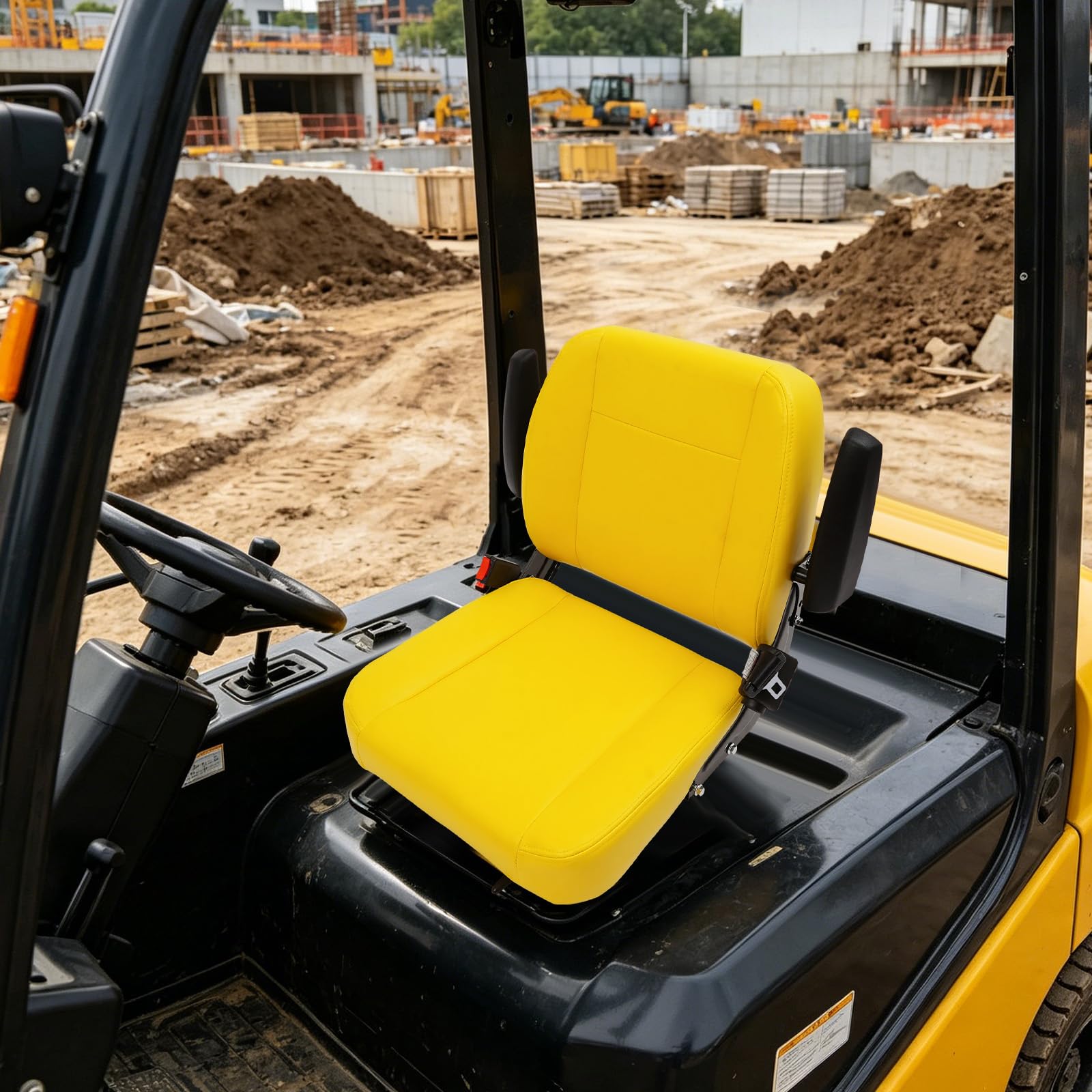 Seggiolino universale per trattore fino a 100 kg, 48 x 48 x 52 cm, regolabile, con braccioli e cintura di sicurezza, sedile per macchine edili, per trattore, tosaerba, carrelli elevatori e macchine da