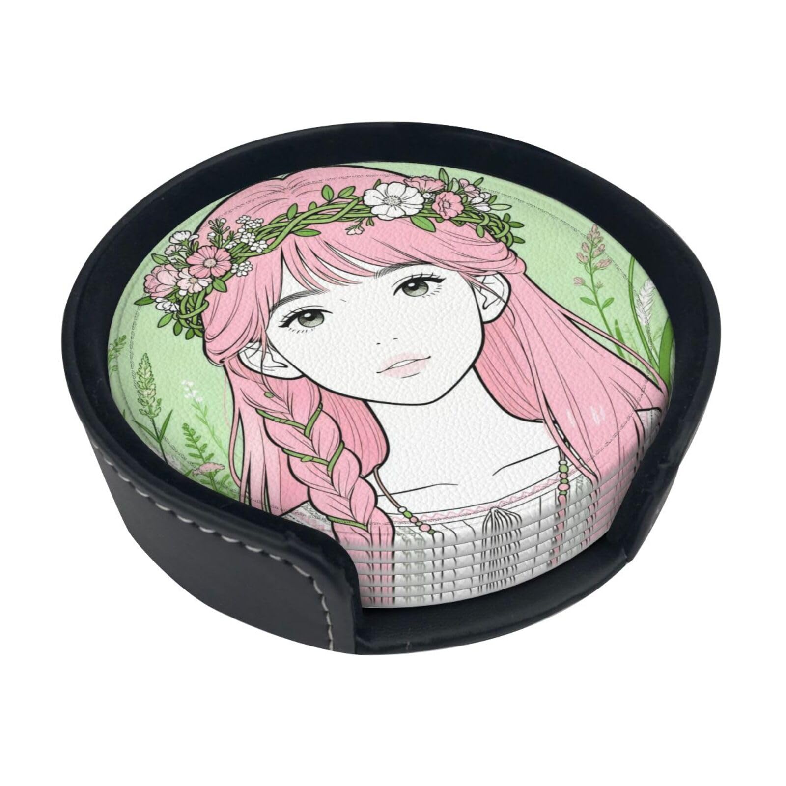 Cntdbu White Flower Crown Wreath Leather Coasters Set Of 6-Pu Leather Drink Mats For Table, Heat Resistant Round Coasters With Holder
