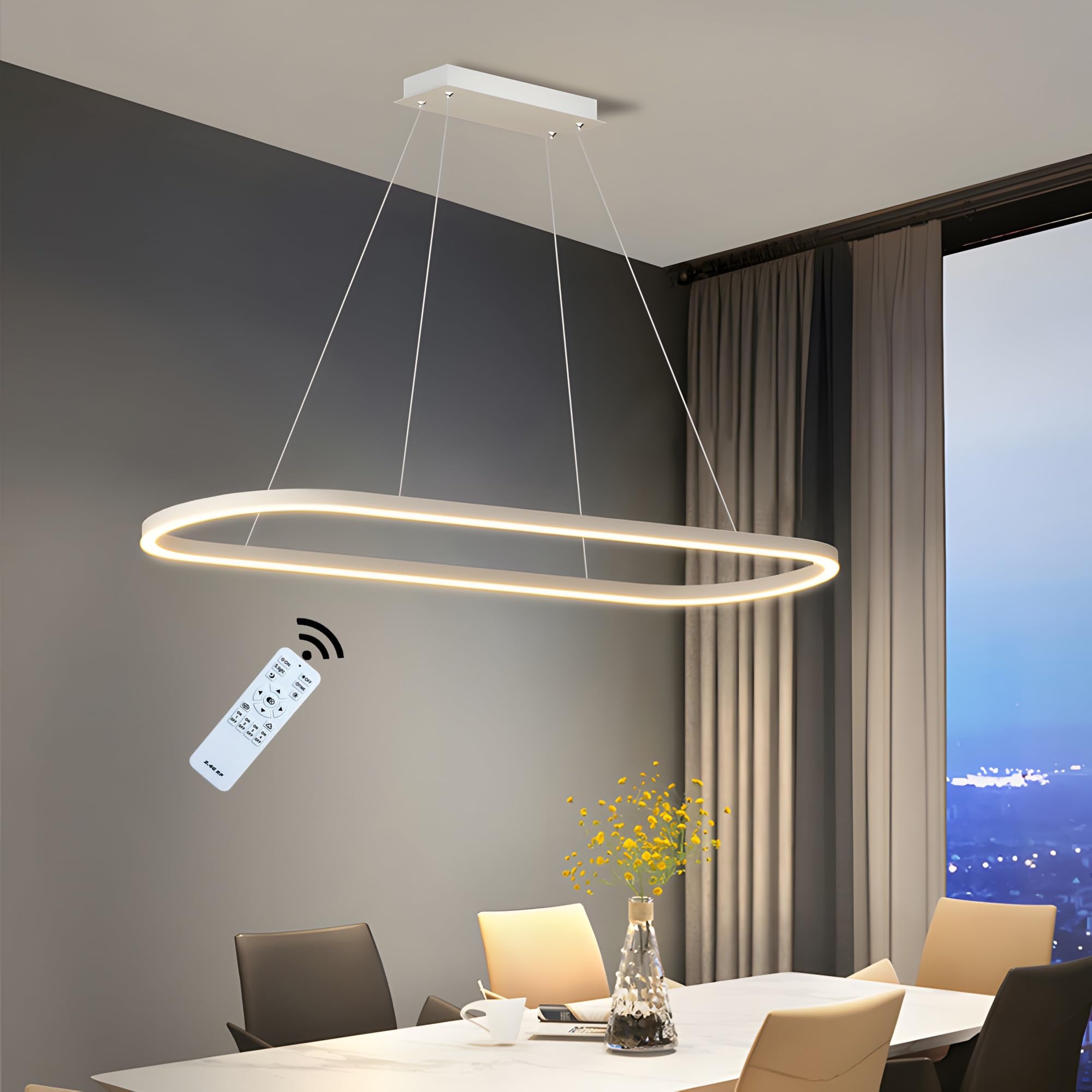 Kairry Modern LED Pendant Light Dimmable Linear Chandelier Height Adjustable Hanging Ceiling Fixture for Dining Room Kitchen Island Office, 3000K-6500K, Aluminum & Silicone(White,100cm)