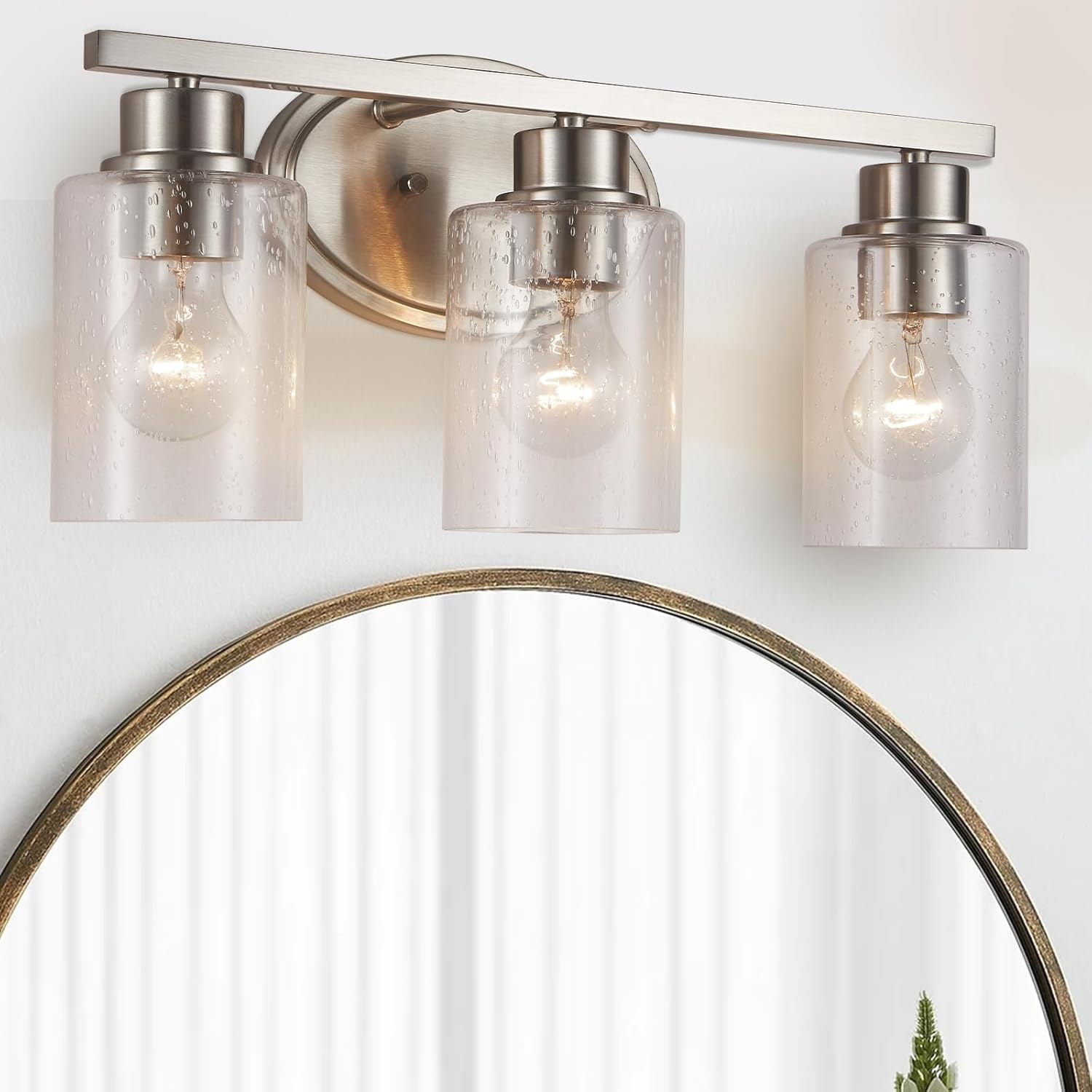 Bathroom Vanity Light Fixtures Over Mirror, Seeded Glass Bathroom Vanity Light, 3 Light Brushed Nickel Bathroom Light Fixtures with Clear Glass, Modern Rustproof Vanity Light Wall Mount Brushed Nickel 3-Lights