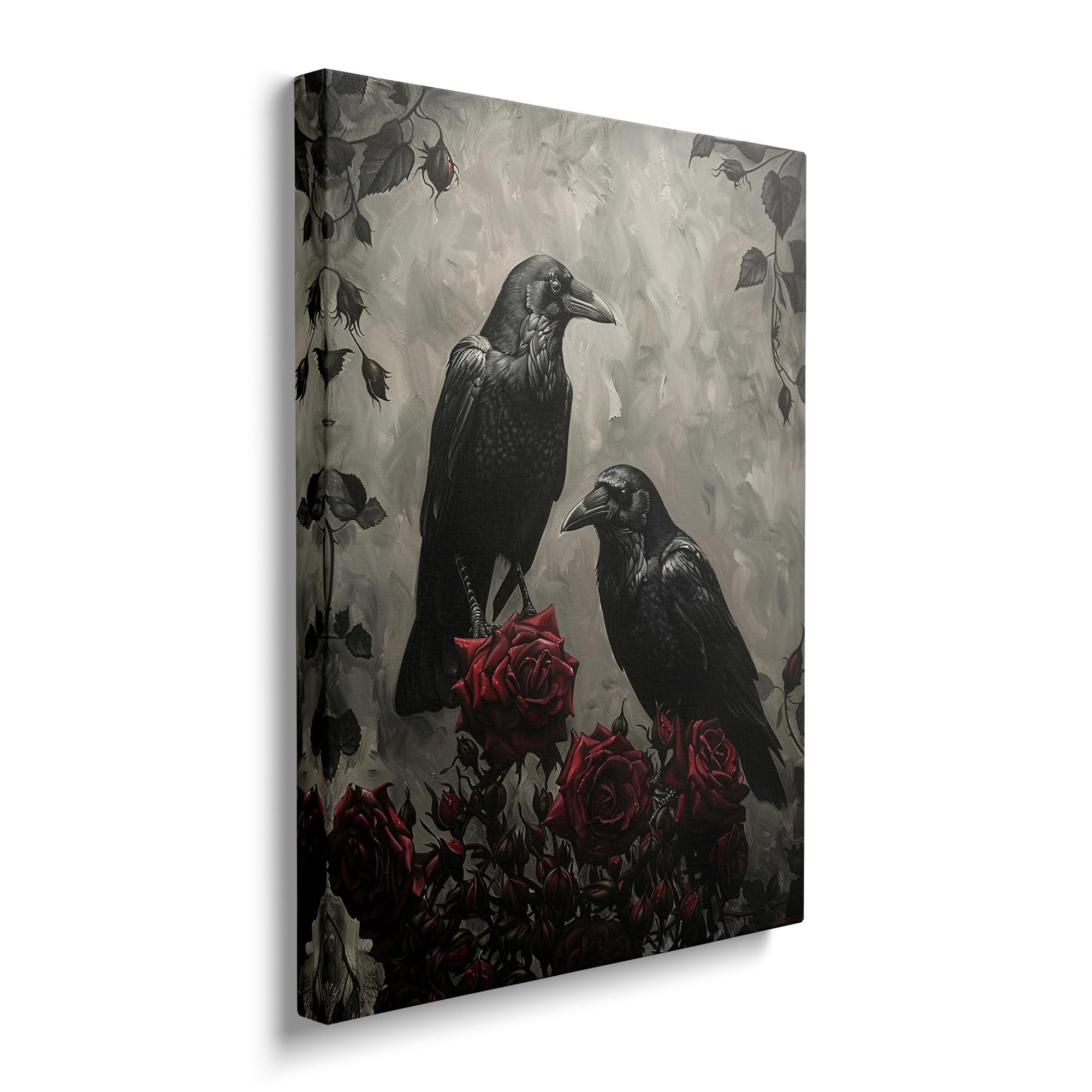 Crow Canvas Wall Art Gothic Romantic Painting Picture Framed for Bathroom Bedroom Living Room Dark Goth Rose Modern Home Office Wall Decor 12"x16"