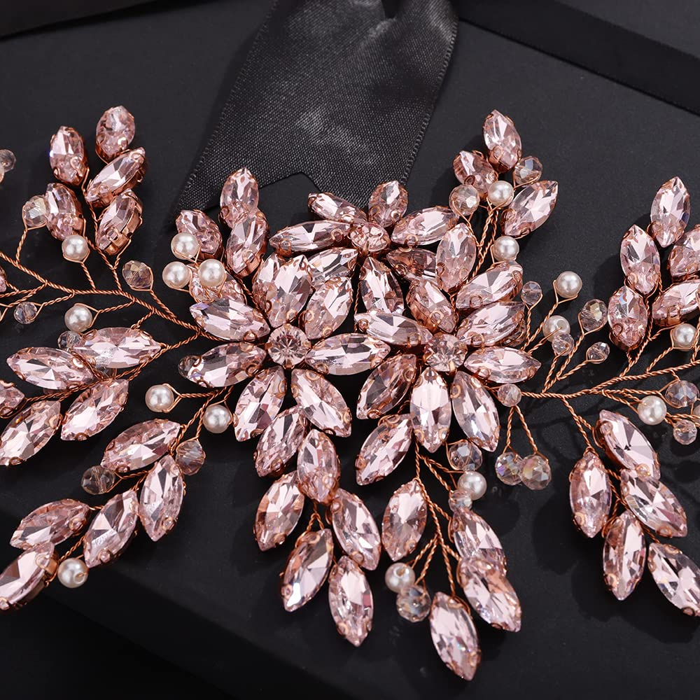 Teyglen Pink Rhinestones Pearls Crystals Large Headband Hair Vine Handmade Teyglen Pink Rhinestones Pearls Crystals Large Headband Hair  main image 2