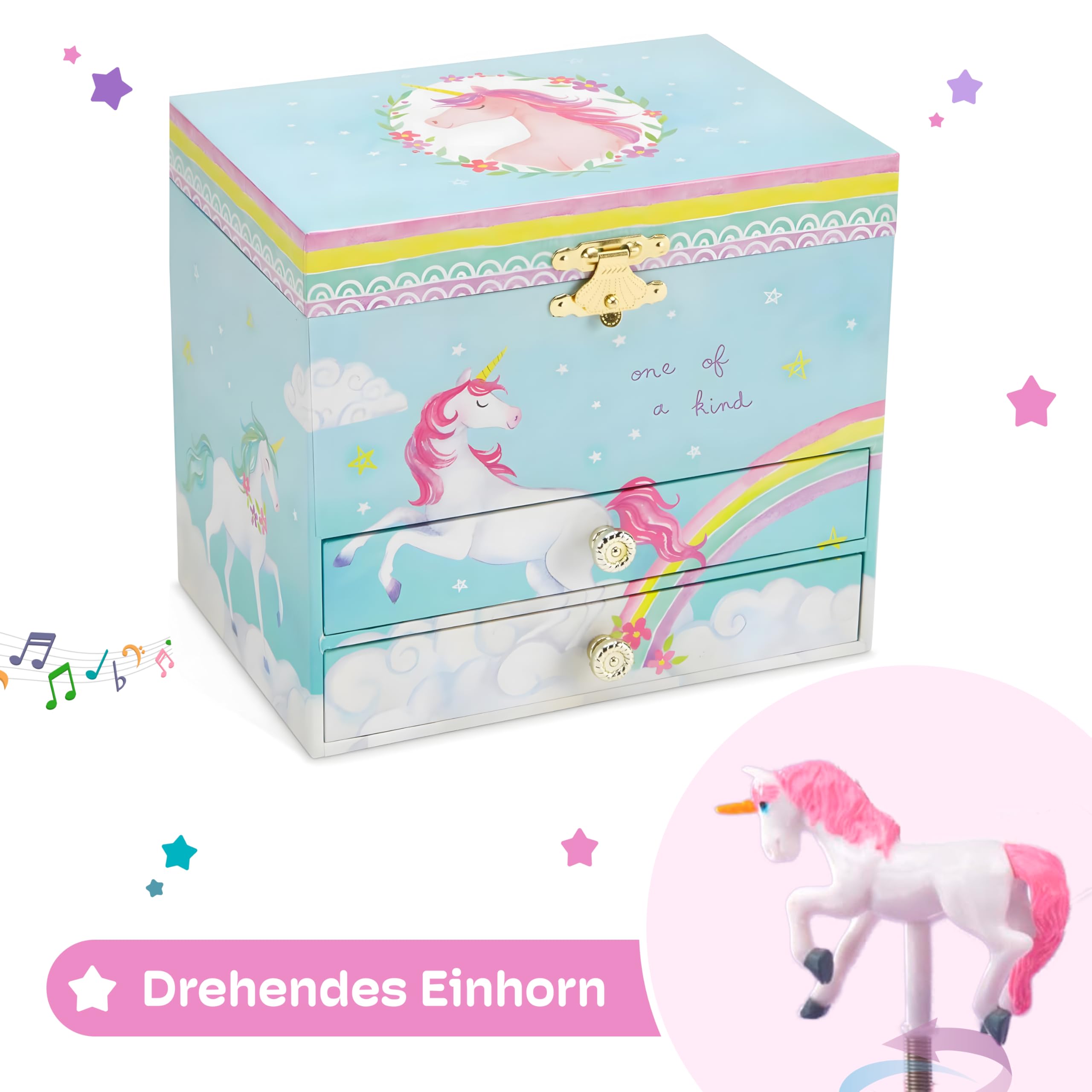 Jewelkeeper Einhorn Schmuckkästchen für Mädchen - Rosa Spieluhr Schmuckschatulle mit Spiegel und 2 Ausziehschubladen - The Beautiful Dreamer Melodie - zur Aufbewahrung von Kinderschmuck