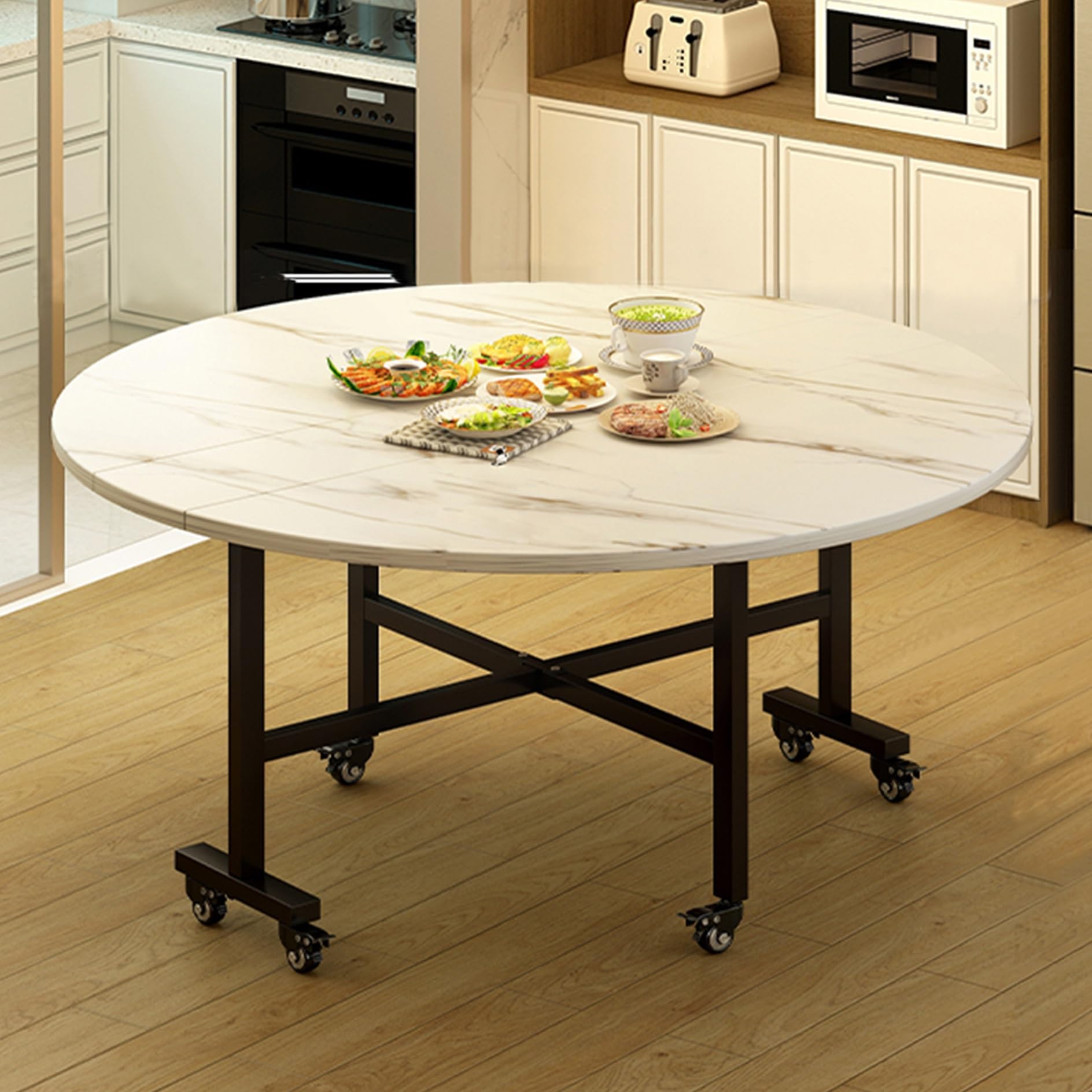 Table de salle à manger pliante mobile – Table de cuisine ronde à 6 roulettes pour petits espaces – Table utilitaire extensible pour maison, salon, pub (blanc, 120 x 75 cm)