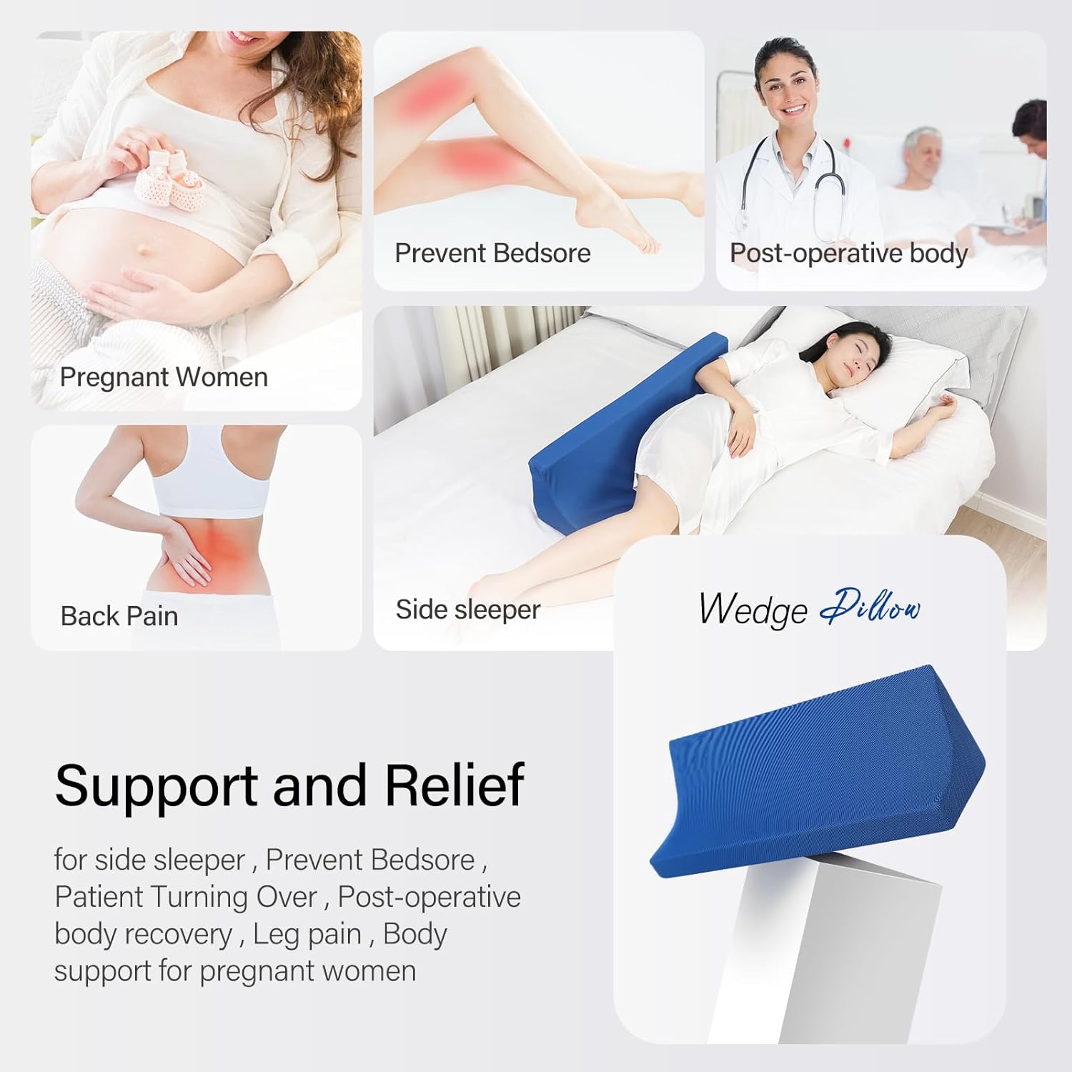 34.2in Bed Wedges & Body Positioners, 30 Degree Wedge Pillow for Side Sleeping/After Surgery, Triangle Foam Bed Wedge Pillow with Blue Machine Washable Cover, for Pregnancy, Back, Leg Pain Relief