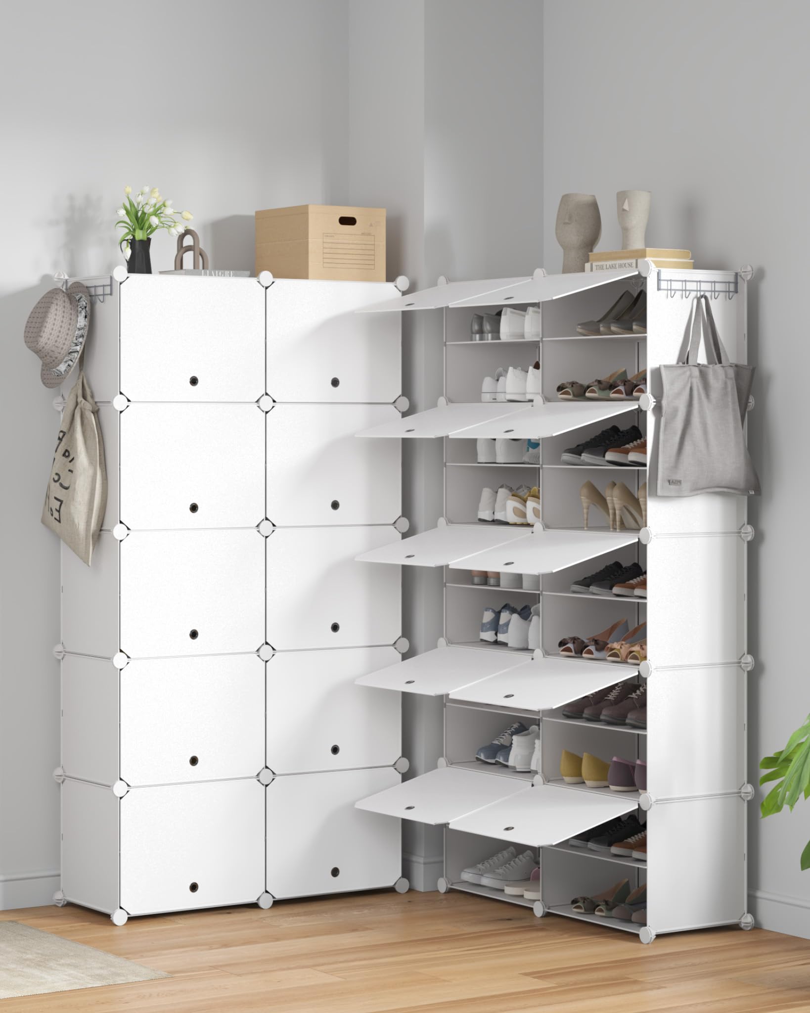 Mondeer Meuble Chaussure 10 Compartiments,pour 40 Paires,Plastique,Blanc | Étagère à Chaussures 3x7 Niveaux,Rangement Chaussures Modulable avec Porte,Crochet,Cadre en Acier,Couloir,Chambre,Entrée