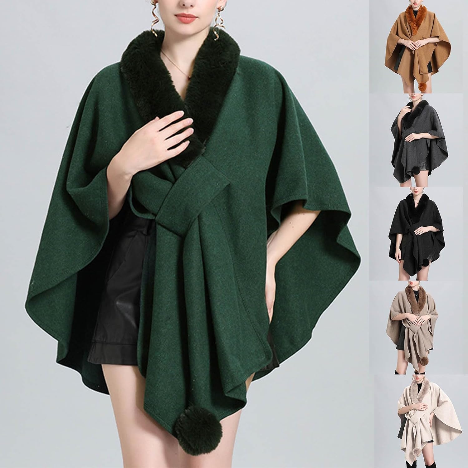 HGps8w Elegant Fur Trim Shawl Wraps for Women Cross Front Poncho Cape Fall Winter Travel Warp Scarf Cardigan Shawls Shrug