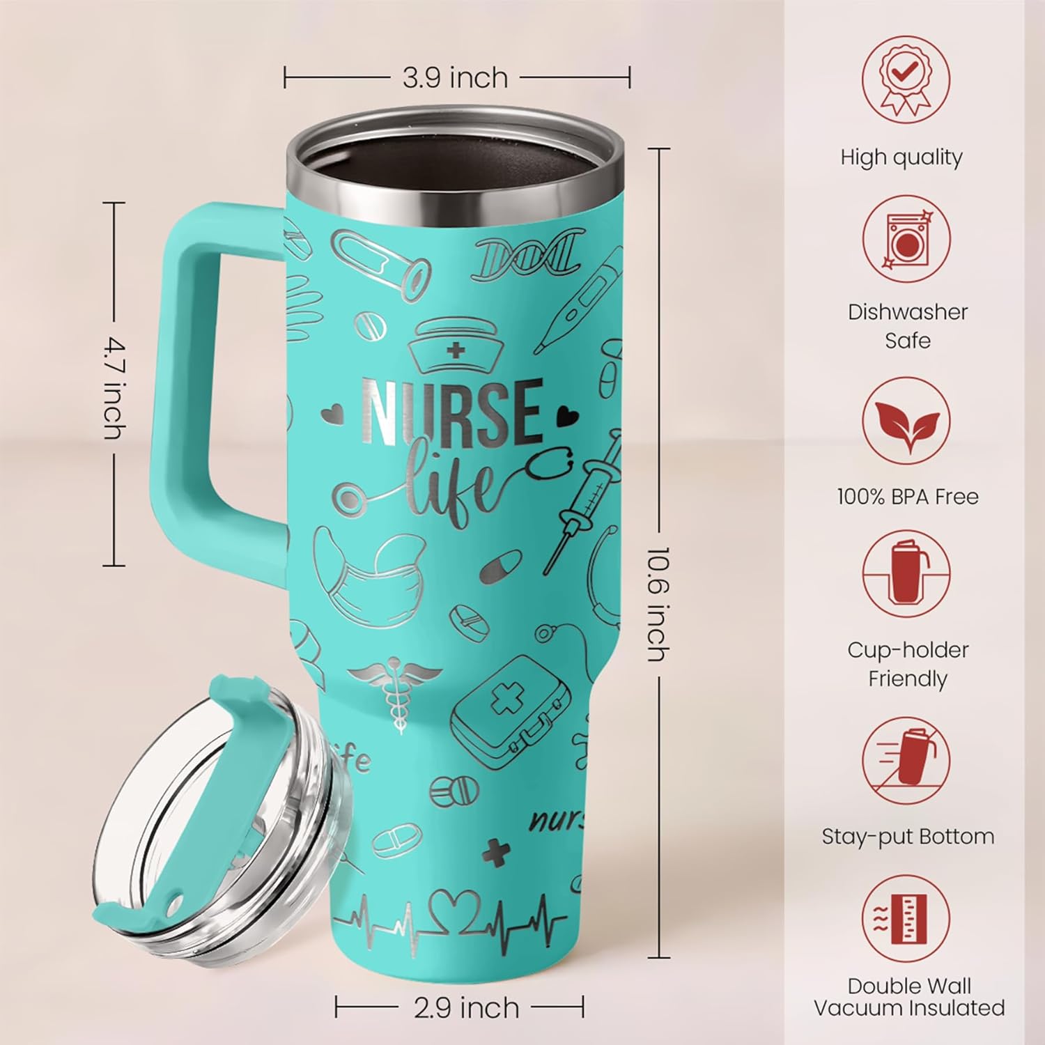 Nurse Gifts for Women, Nurse Tumbler with Handle 40oz Stainless Steel Coffee Cup with Straw Lid, Nursing Gift for Female Nurses, Appreciation Gift for Graduation Christmas Birthday - Image 3