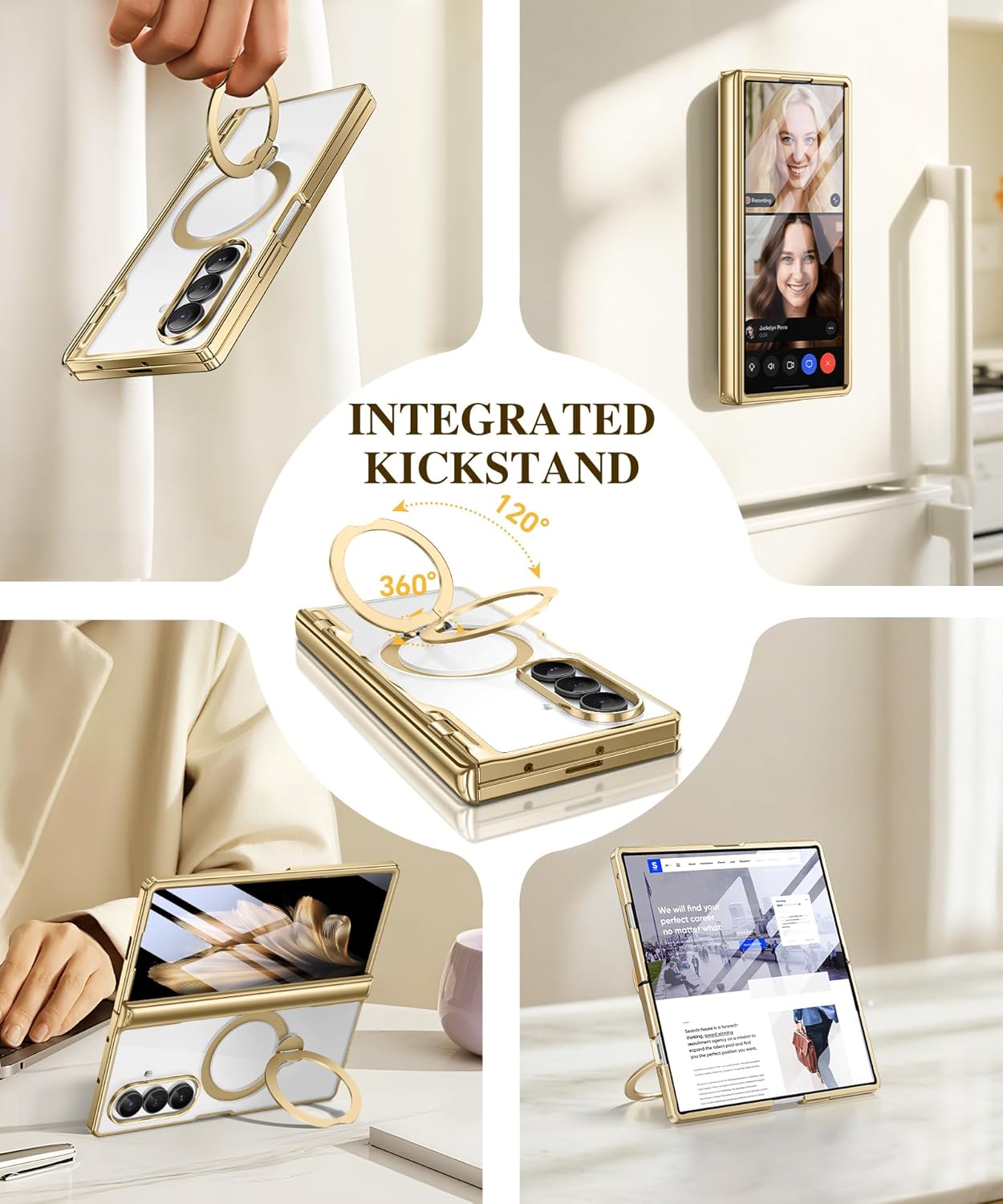 BERFY for Z Fold 7 Case with 360 Spin Magnetic Stand, Compatible with Magsafe, Built-in Screen Protector, Clear Plating Full-Body Shockproof Protective Phone Case for Samsung Galaxy Z Fold 7, Gold