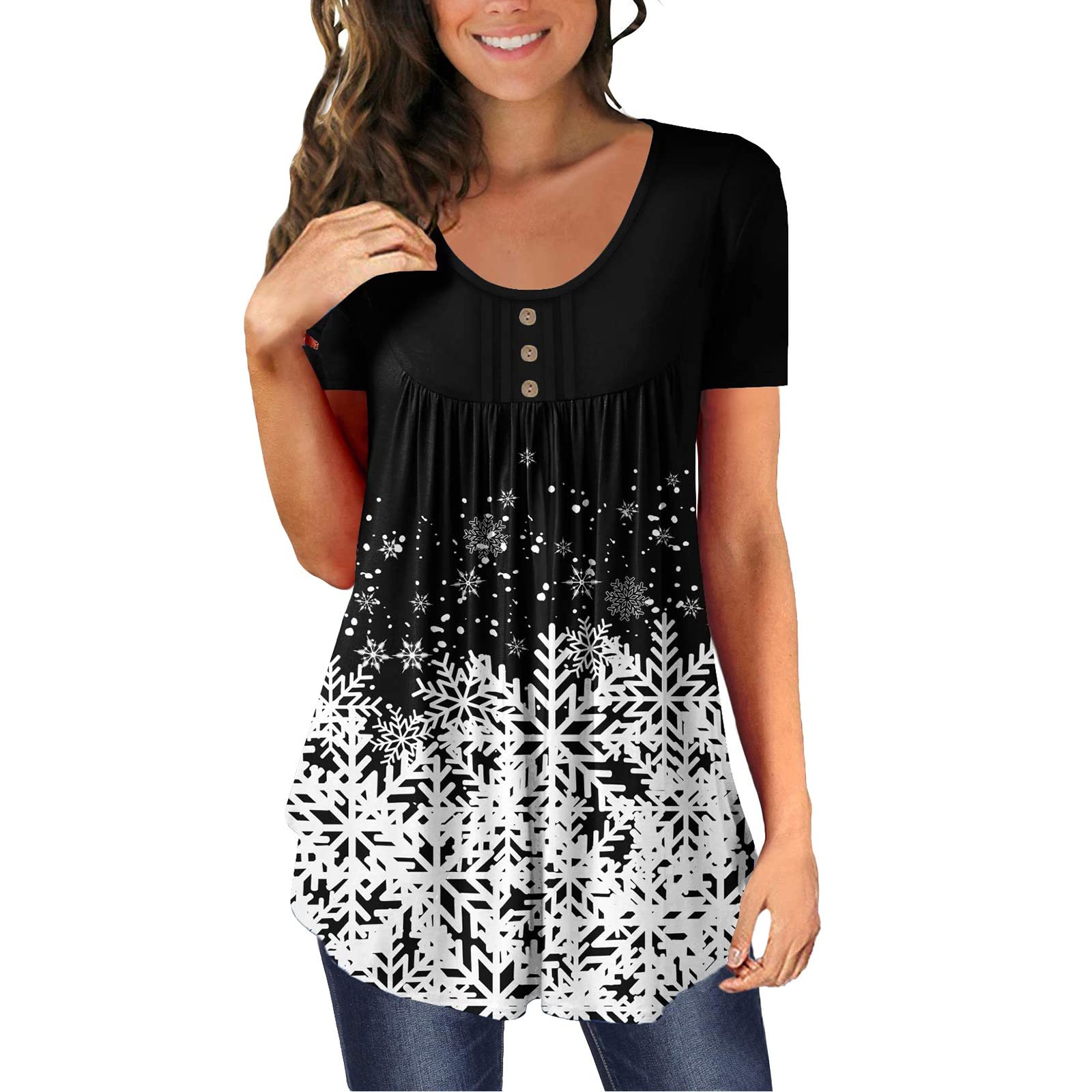Amazon.com: Women's Tunic Tops for Leggings Short Sleeve Shirts Botton Up  Casual Black Evening Tops for Women Plus Size (Black, L) : Clothing, Shoes  u0026 Jewelry