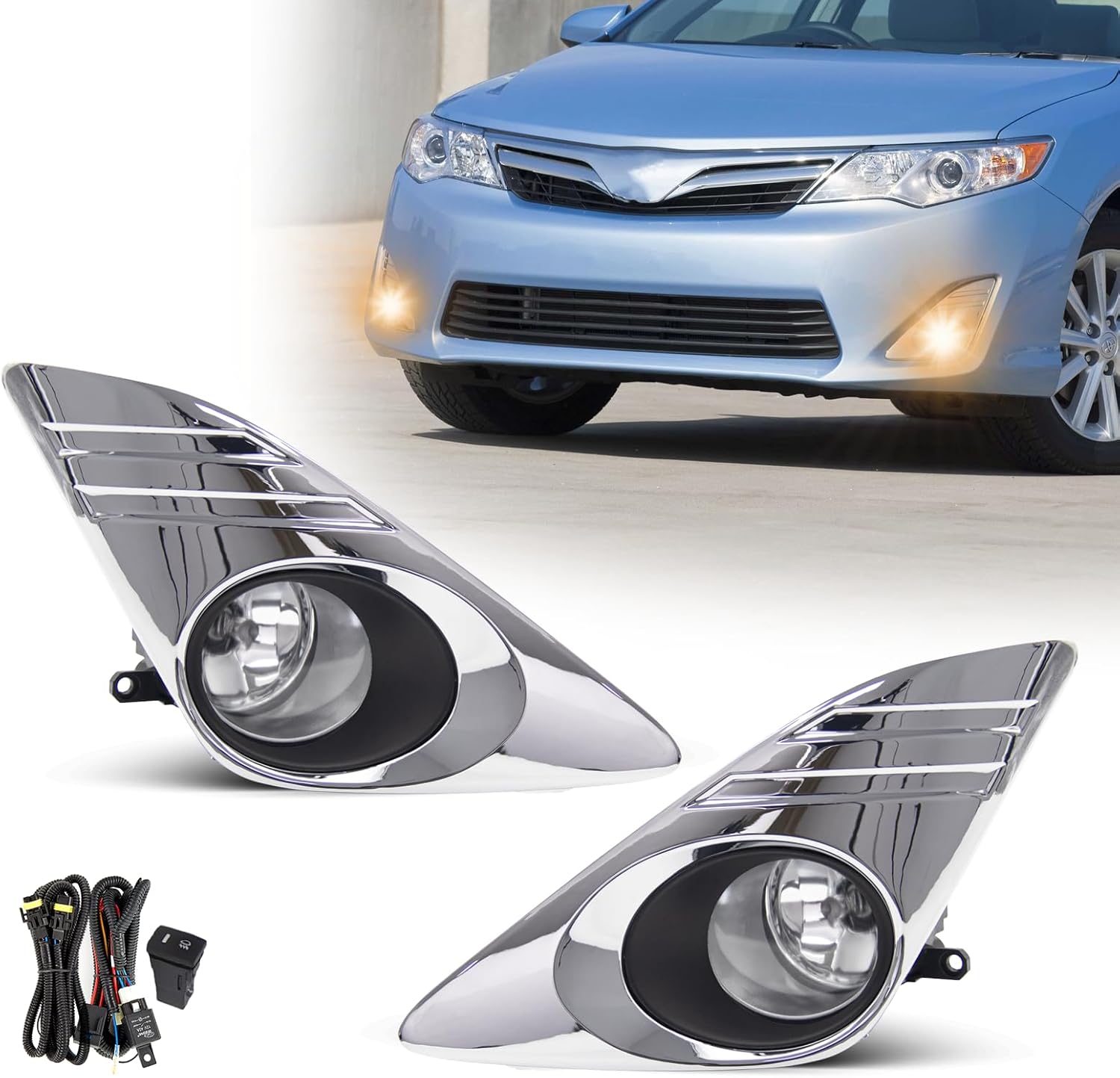 Fog Lights for 2012 2013 2014 Toyota Camry Assembly Replacement Kit with Wiring And Switch H11 12V 55W Halogen Bulbs(Chrome cover)