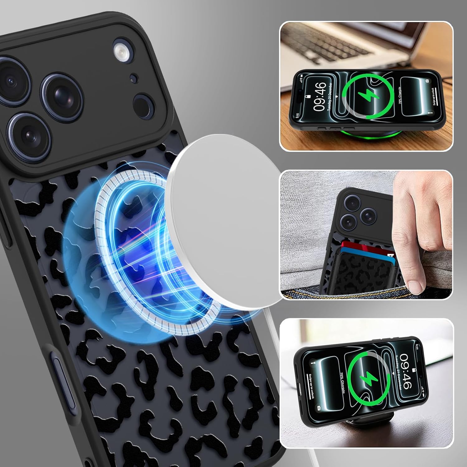 Magnetic for iPhone 17 Pro Max Case [Compatible with Magsafe] [with Cheetah Wallet & Card Holder] [Leopard Print Pattern] Slim Translucent Matte Case for iPhone 17 Pro Max 6.9" 2025, Black