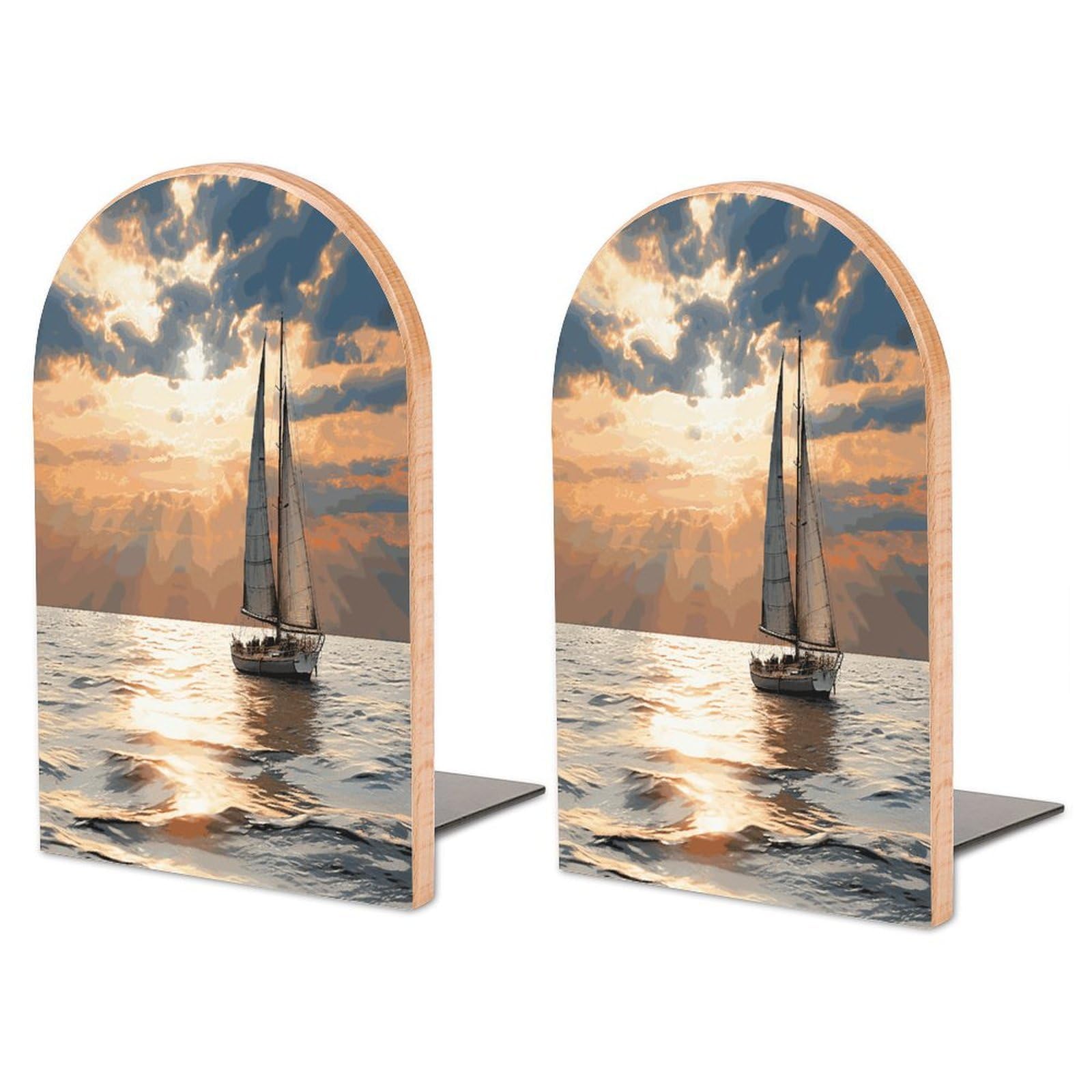 Sailing Boat on The Sea Wood Bookend for Shelves 1 Pair