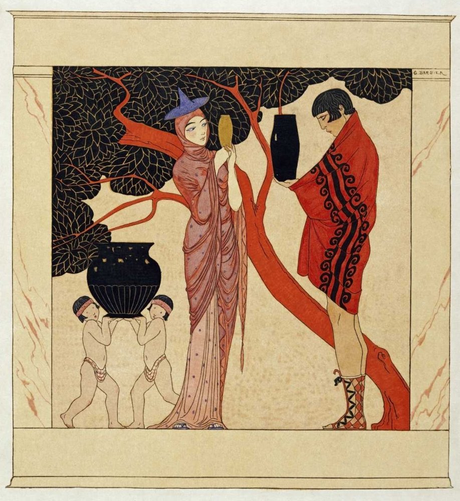Feeling at home albero rosso STAMPA su CARTA OPACA 220gr Georges Barbier - Floreale verticale Immagine d'arte x cornice cm_47_X_43