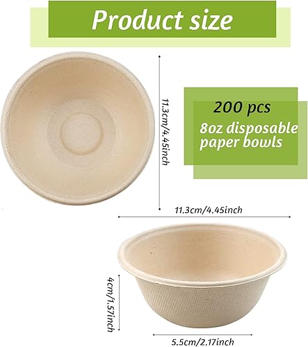 Miniatura 2 de 200 cuencos de papel biodegradables naturales de caña de azúcar de 8 onzas, cuencos de papel compostables para ensalada, sopa caliente, pasta y