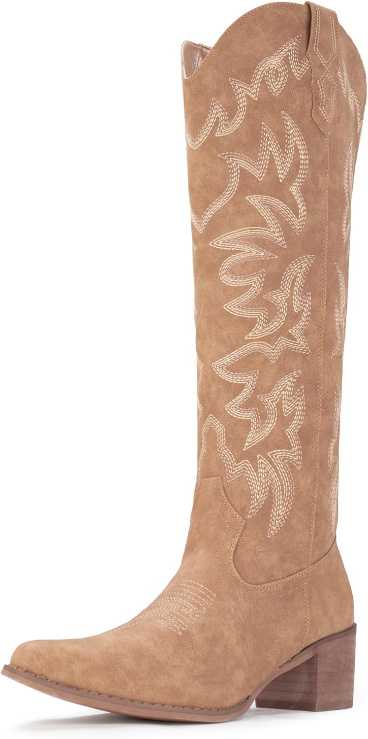 IUV Cowboy Boots For Women Knee High Western Cowgirl Boots Snip Toe Side Zipper Chunky Heel