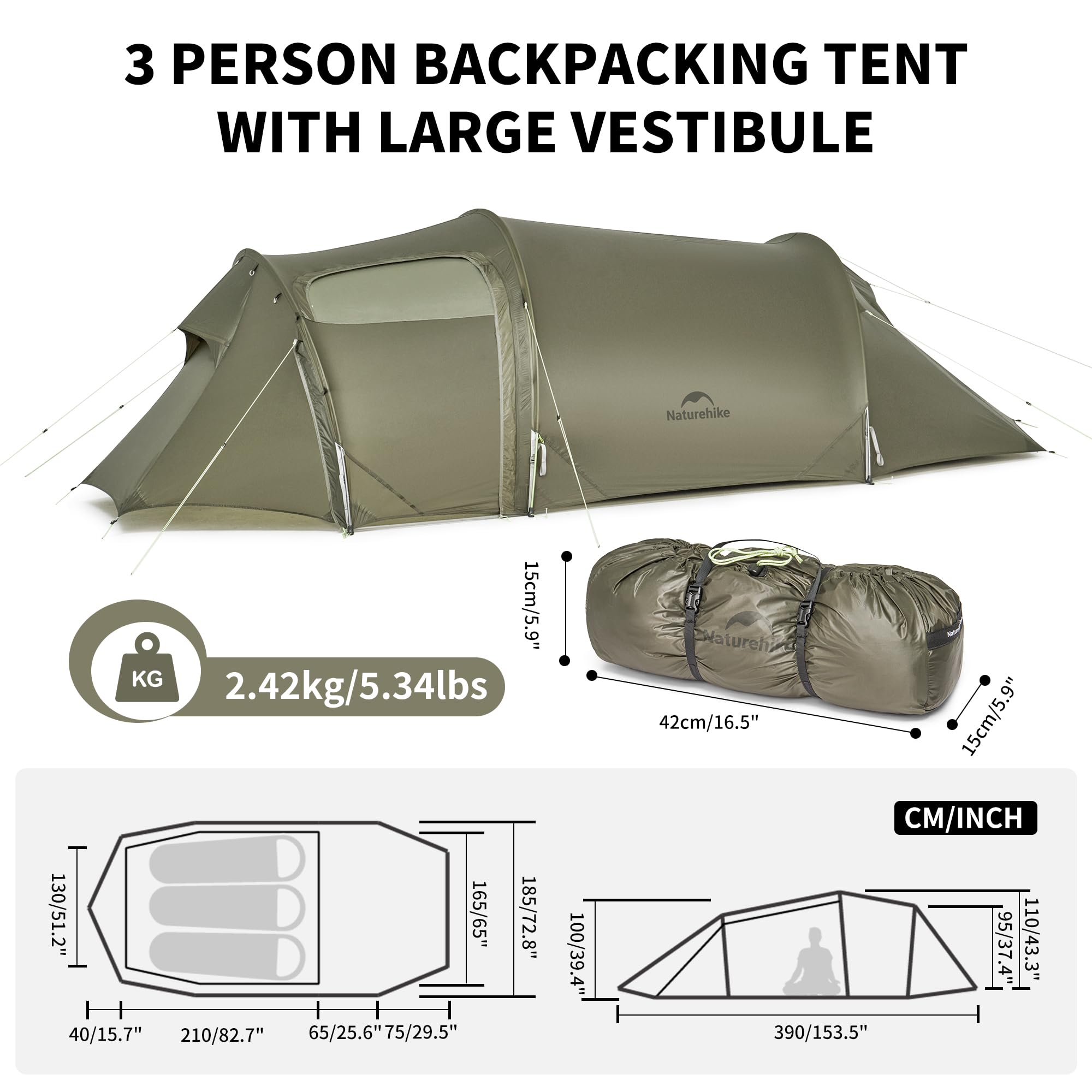Naturehike Opalus UL - Tienda de campaña para 2/3 personas para 4 estaciones con área de 4.46㎡/5.55㎡, tienda familiar ligera con vestíbulo grande para camping, mochileros al aire libre