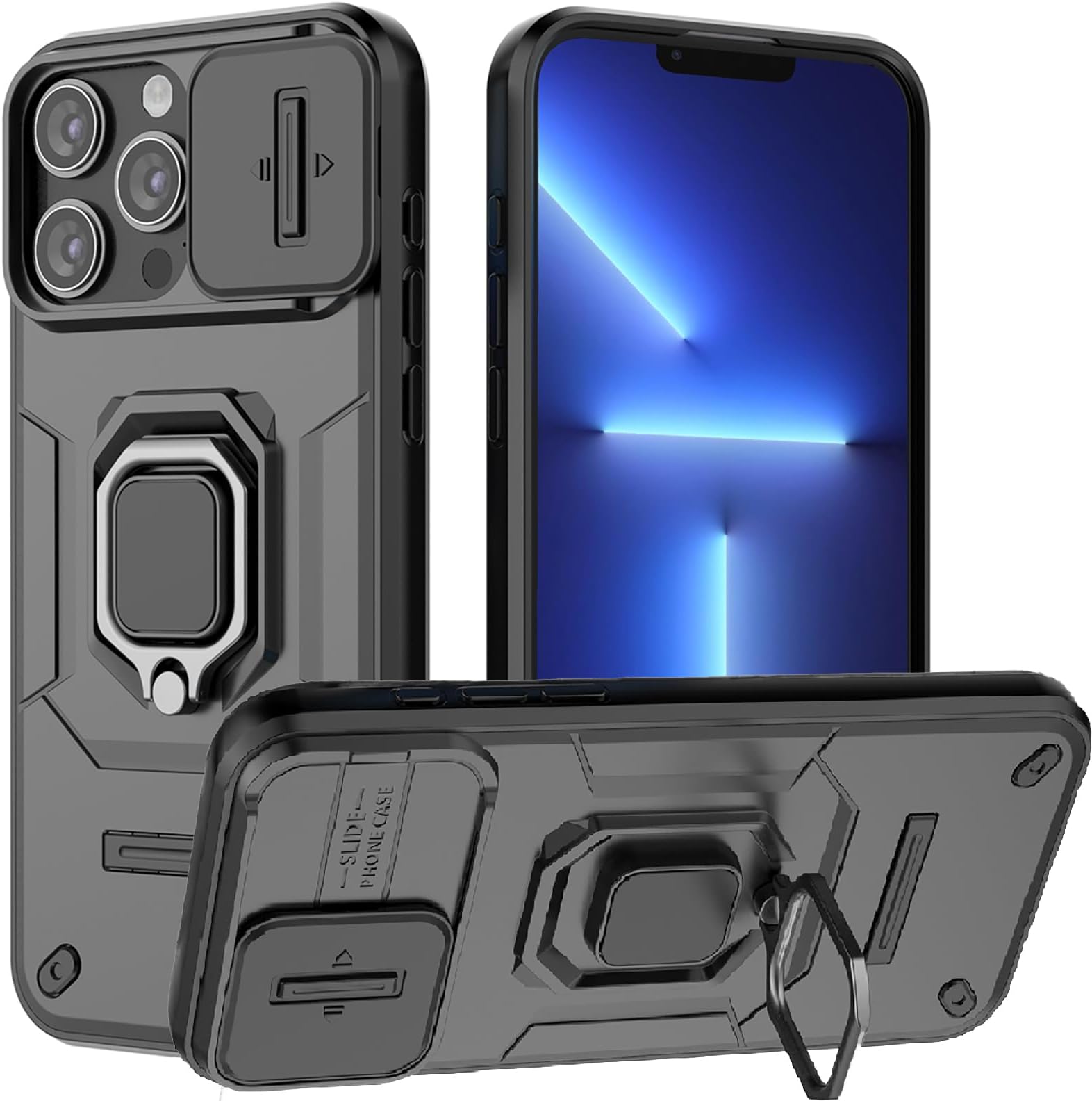 for iPhone 13 Pro Max Case with Sliding Camera Cover and 360° Rotate Ring Kickstand Heavy Duty Protective Shockproof Protective Phone Case for iPhone 13 Pro Max Cover,Black