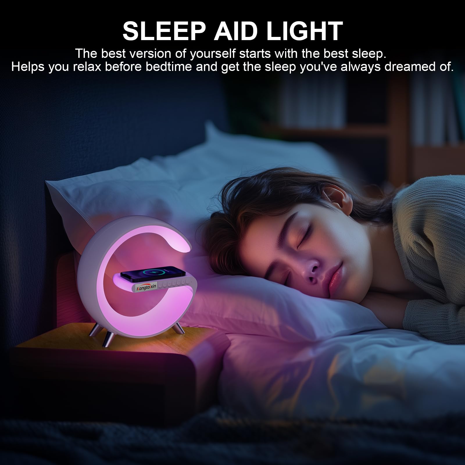 Kangtaixin Luce Notturna con Caricatore Wireless, G Stile - Lampada da Tavolo da Letto, Controllo APP Smart RGB Colore Cambiando Luce Ambientale, Dimmerabile Lampada d'Atmosfera per Camera da Letto