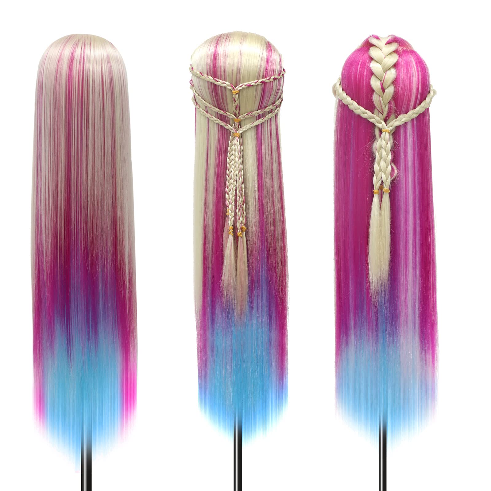 Trainingsköpfe, 28 inch Übungskopf Frisierkopf Friseur 100% Synthetikfaser-Haar Styling Kopf Frisierkopf für Frisöre mit kostenloser Klemme und DIY Flechtset (Bunt)
