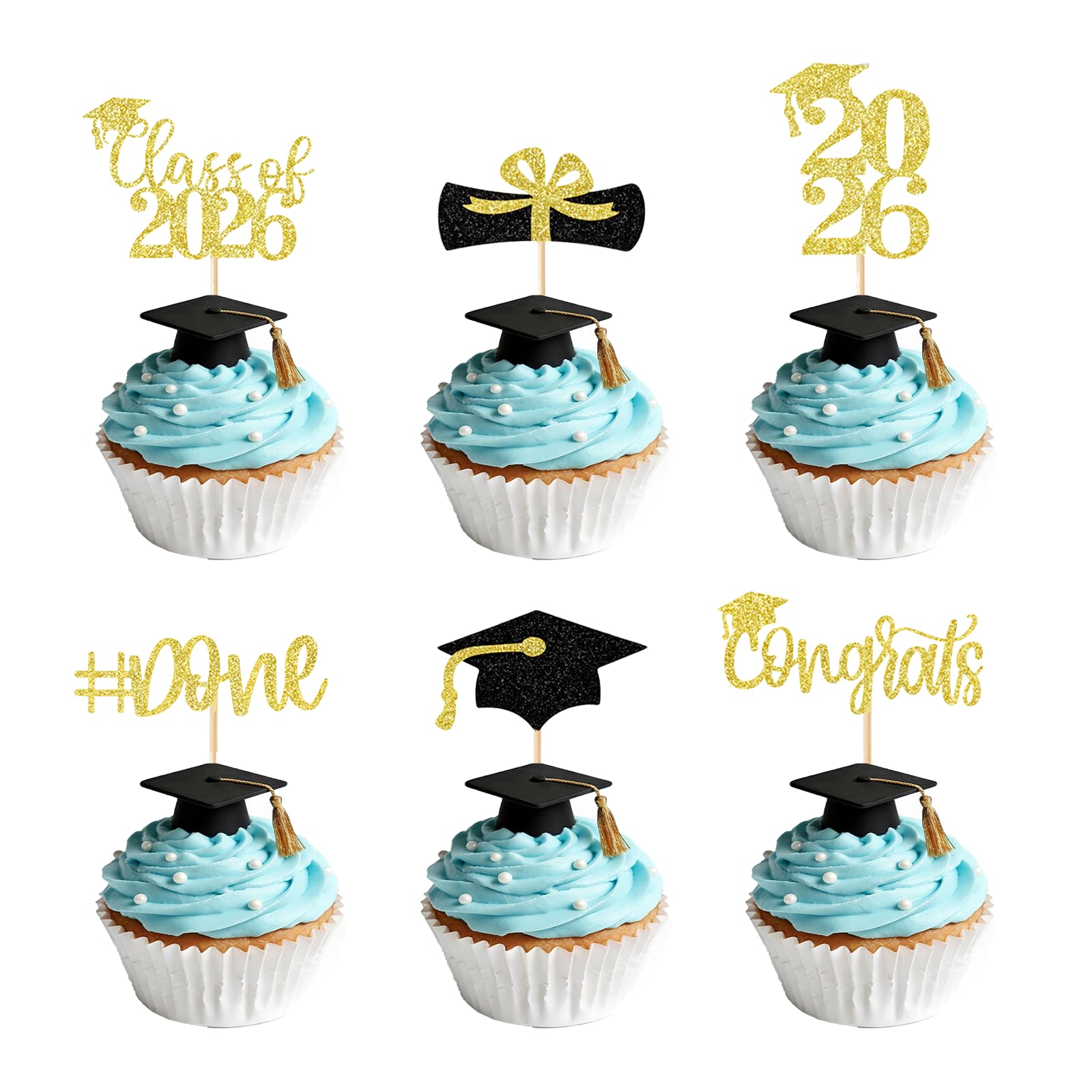 24Pcs 2026 Graduation Cupcake Toppers Diploma Done Congrats Grad Graduation Cap Glitter Cake Toppers Decorations for Class of 2026 Graduation Party Supplies Gold