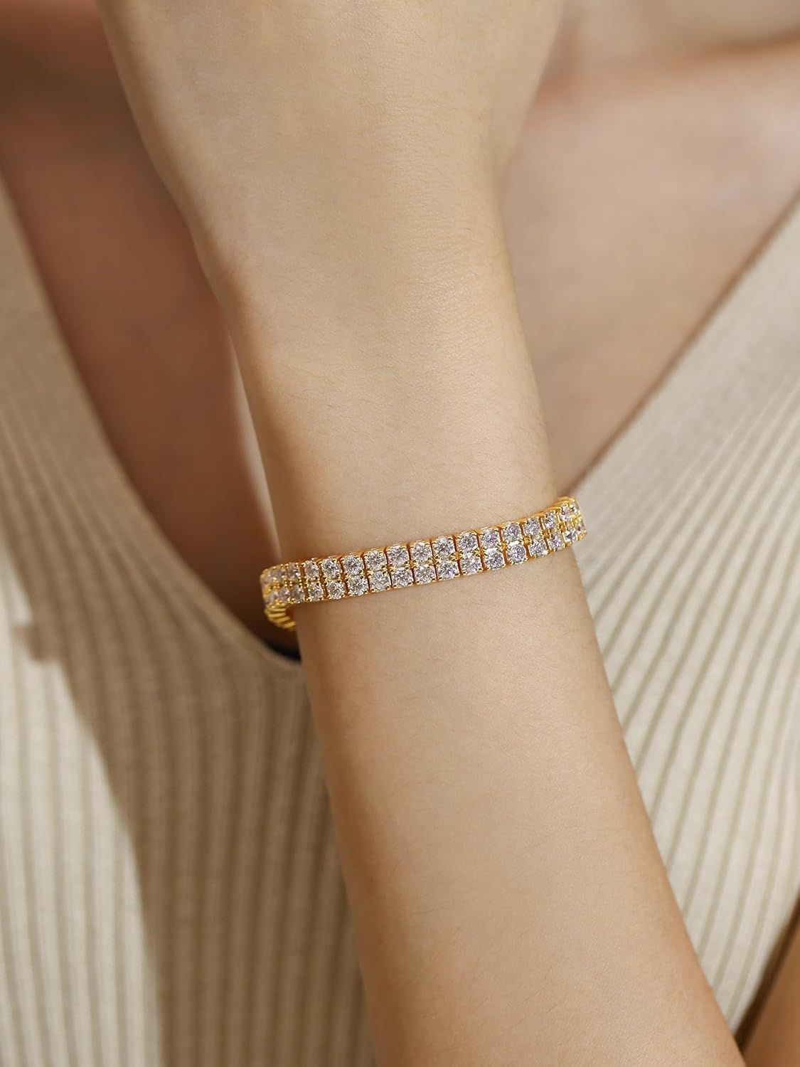 FANCIME Gold Moissanite Tennis Bracelet 11 Carats 2-Row Lab-Grown Diamond Bracelets 925 Sterling Silver Tennis Bracelet 3mm D Color VVS1 Round Cut Moissanite Bracelet for Women 7.5"