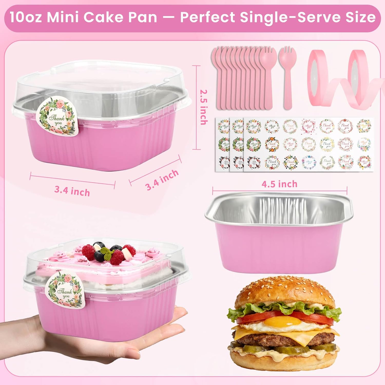 245 PCS 10 oz Mini Cake Pans with Lids, 60 Pack 4.4x4.4 Large Aluminium Foil Pan Mini Cake Tins with Lids and Spoons, Square Individual Baking Pan Cup for Wedding Birthday Party Picnics - Image 3