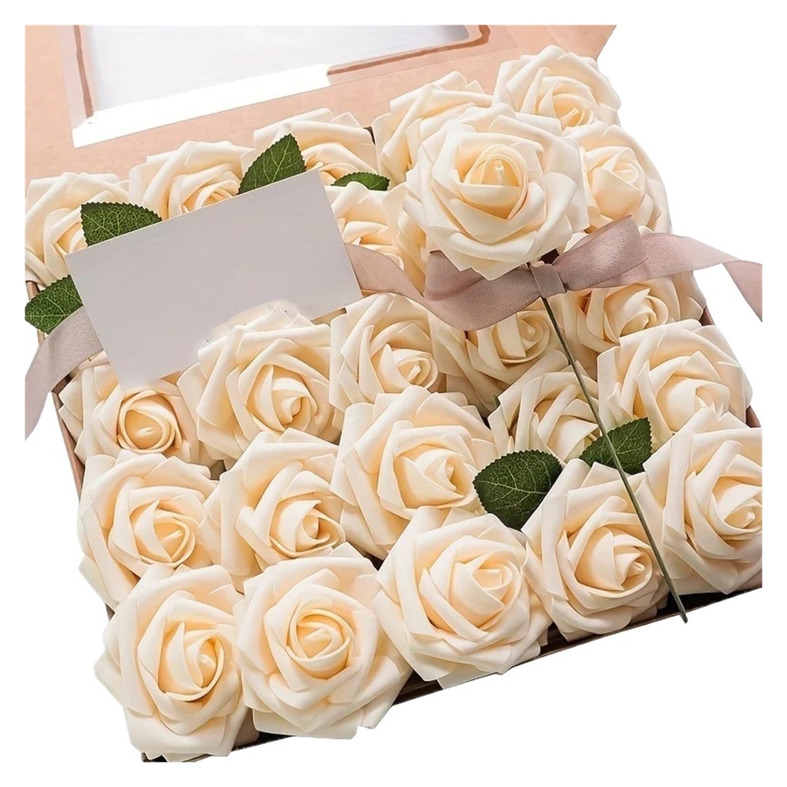 MWAHJU Artificial Flowers 25pcs Real Looking Champagne Foam Fake Roses With Stems For DIY Wedding Bouquets Bridal Shower Centerpieces For Home