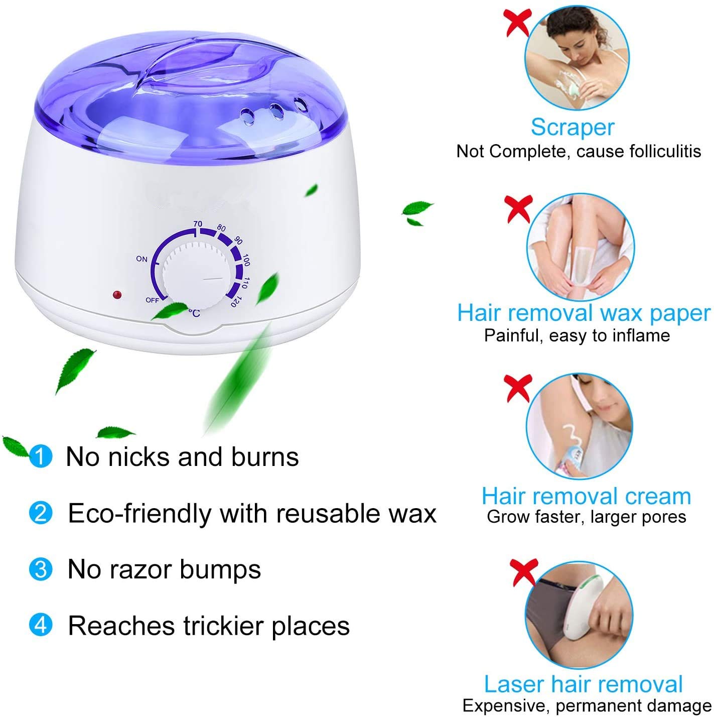 Wachswärmer Wax Warmer Heater Wachserhitzer Hair Removal Waxing Wachsgerät Heisswachs Haarentfernung mit 4 Wachsbohnen, 20 Holzspateln, 5 foil bowls- Augenbraue Gesicht Achsel Bikini Bein zu Hause