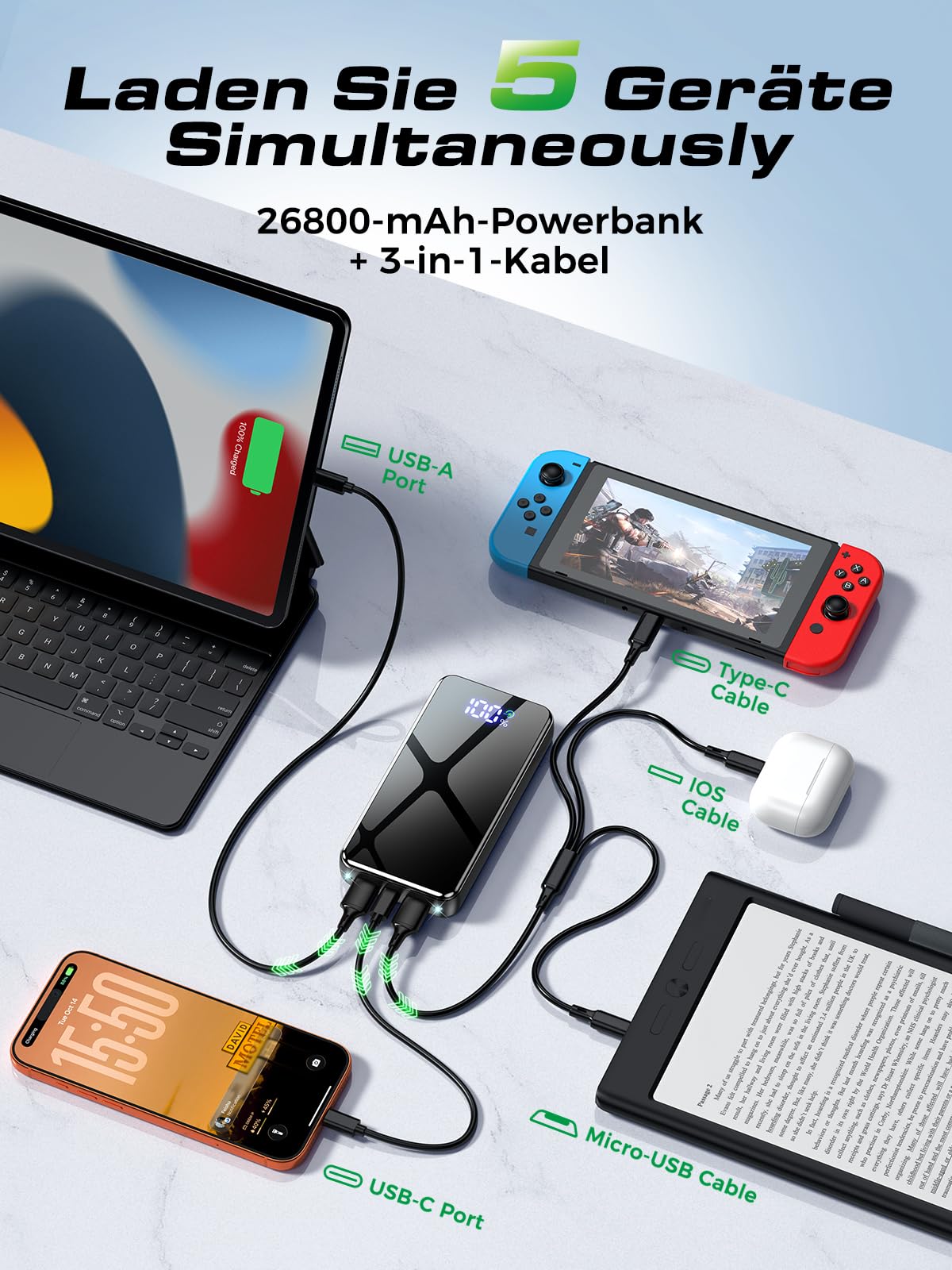 Power Bank, 30% Größere Kapazität 26800mAh Powerbank mit 3-in-1 Kabel, LED Display, Schnellladen USB-C, Reise-Essential Externer HandyAkkus für iPhone 17/16/15, Samsung S26/S25/S22, Xiaomi,Schwarz