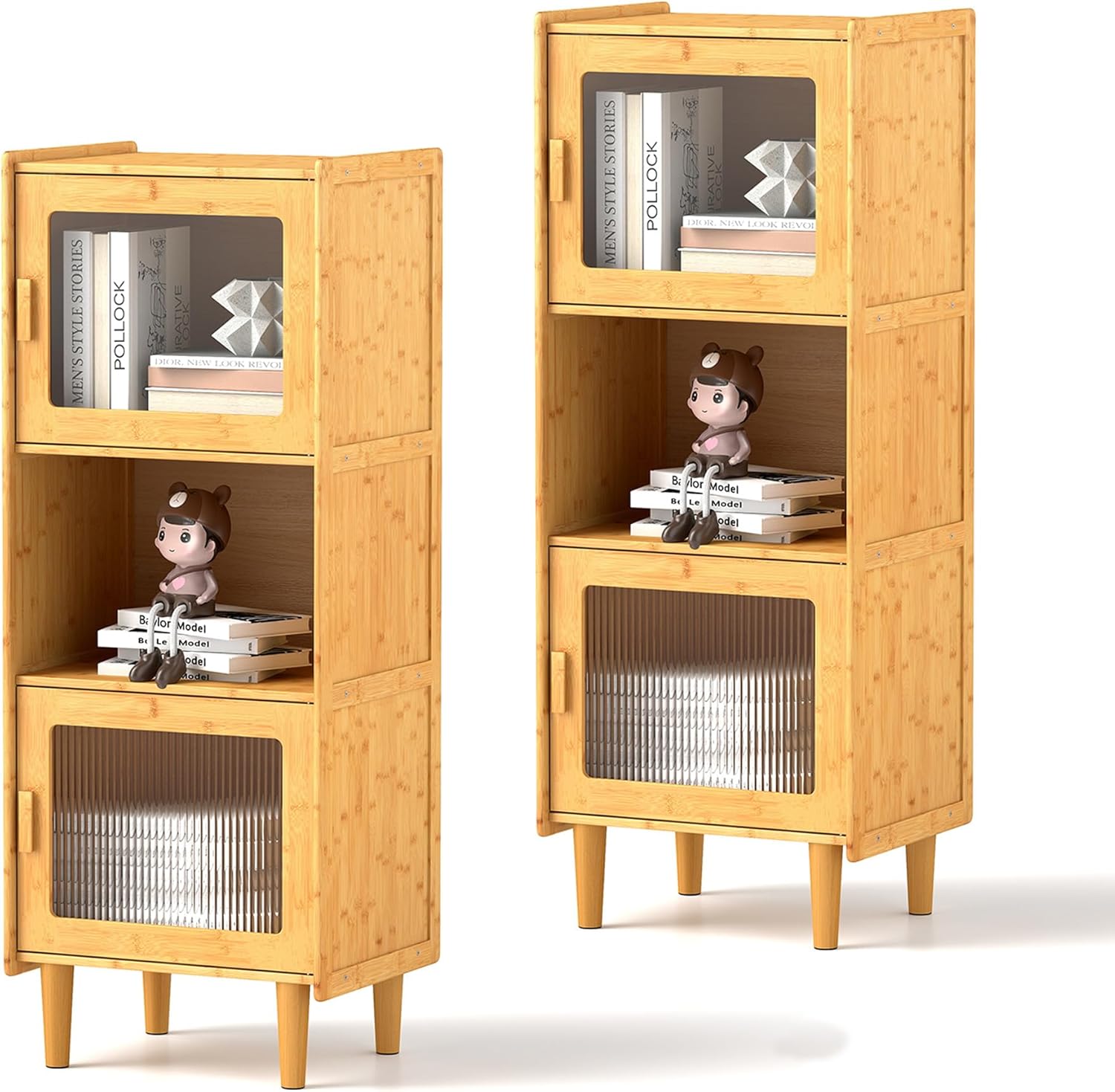 LOKO Bamboo Storage Cabinet Set of 2, Kitchen Buffet Cabinet with Open Compartment, 3-Cube Bookshelf with 2 Single Doors, Corner Display Cabinet for Living Room, Dining Room, Small Spaces, Natural