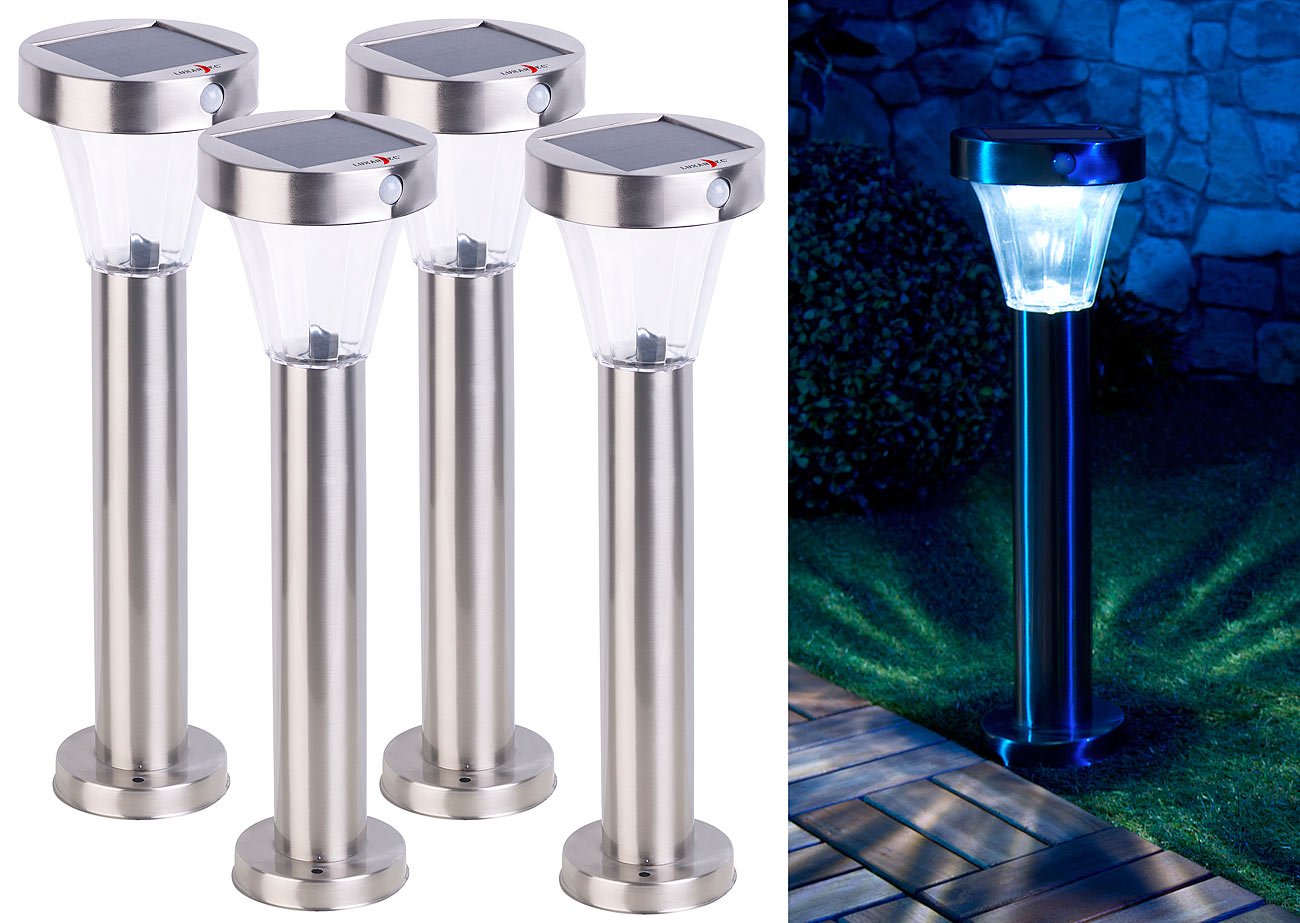 Lunartec Gartenleuchten: 4er-Set Solar-Wegeleuchte, Edelstahl, Bewegungs- & Licht-Sensor, IP44 (Pollerleuchten, Gartenwegbeleuchtung, Laterne)