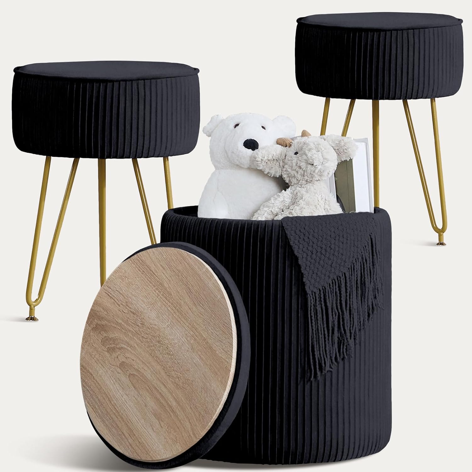 Storage Ottoman Set of 3, Round Ottoman with Storage & 2 Makeup Vanity Stool Chair for Teens Adults, 3-in-1 Velvet Foot Rest with Flip-up Lid for Entryway Living Room Dressing Room