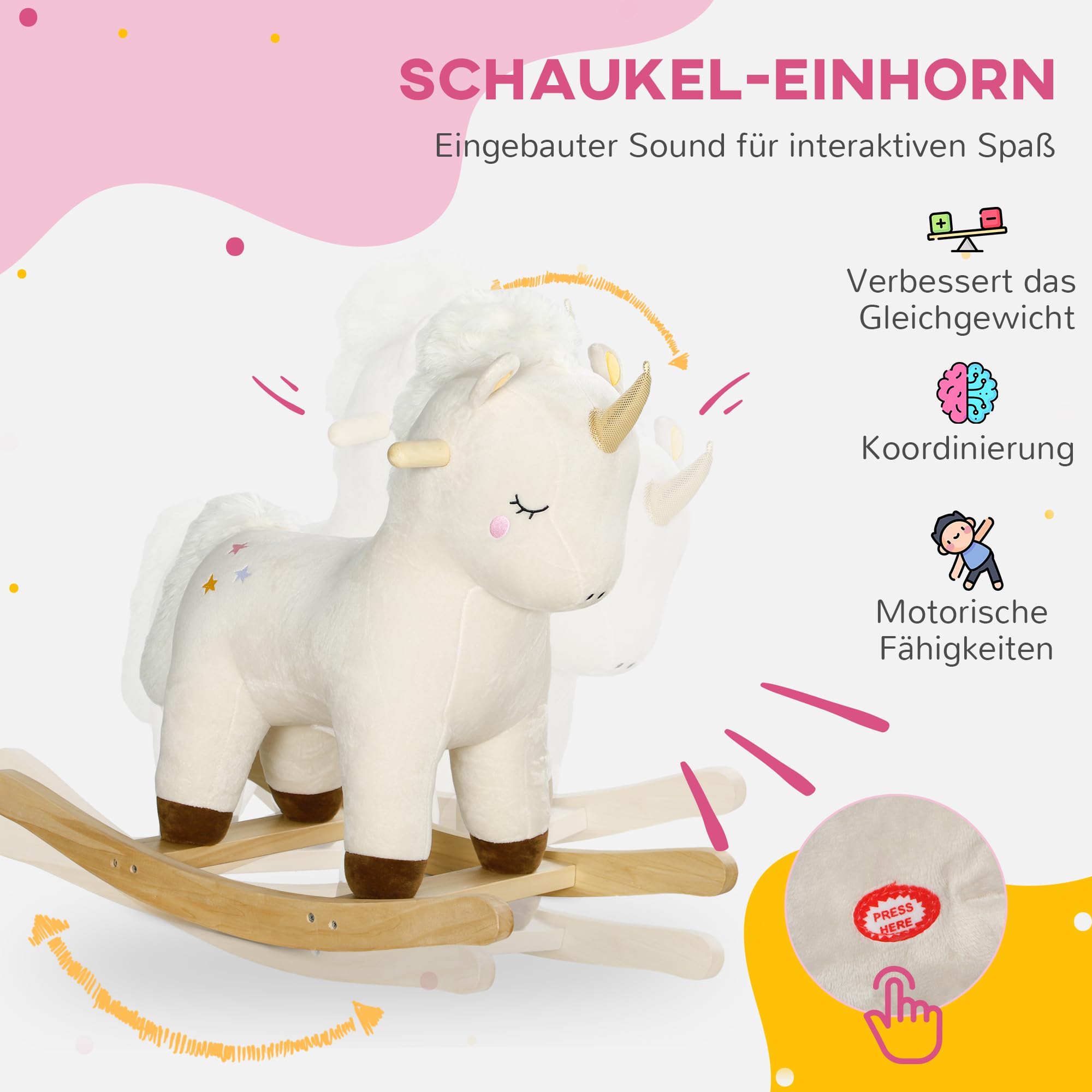 AIYAPLAY Schaukeltier Baby Schaukelstuhl Sound Schaukelpferd Einhorn Weiß | Schuakelsitz, Unicorn Design, Schaukelspielzeug für Kleinkinder ab 2 Jahre, Plüsch