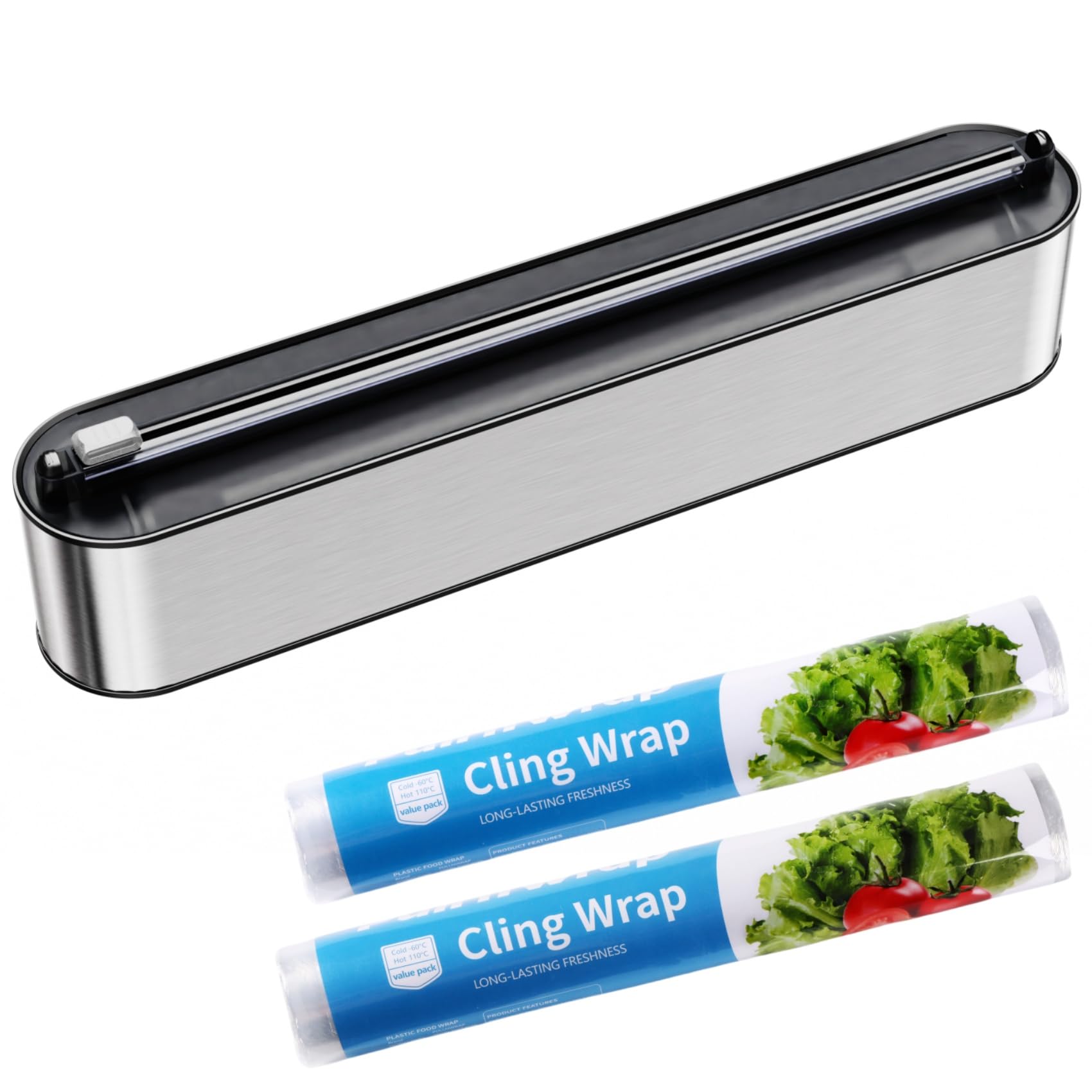 Frischhaltefolienspender Edelstahl-Optik - Magnetisch & Wandmontage, Folienspender für Küche Schublade, Verbessert Folienschneider - Inkl. 2 Rollen 100 m Frischhaltefolie, Hochglanz Silber