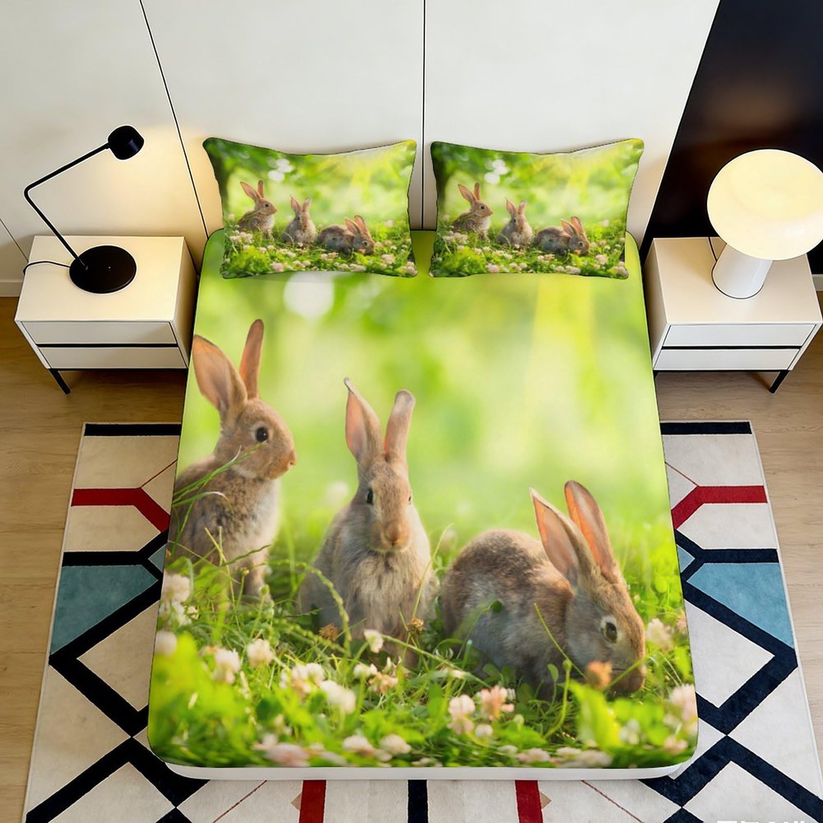 3D Printed Pastoral Bunny Fitted Sheet Microfiber Deep Pocket Non-Slip Bedding Pastoral Bunny Mattress Fitted Cover Washable 200x200x25cm