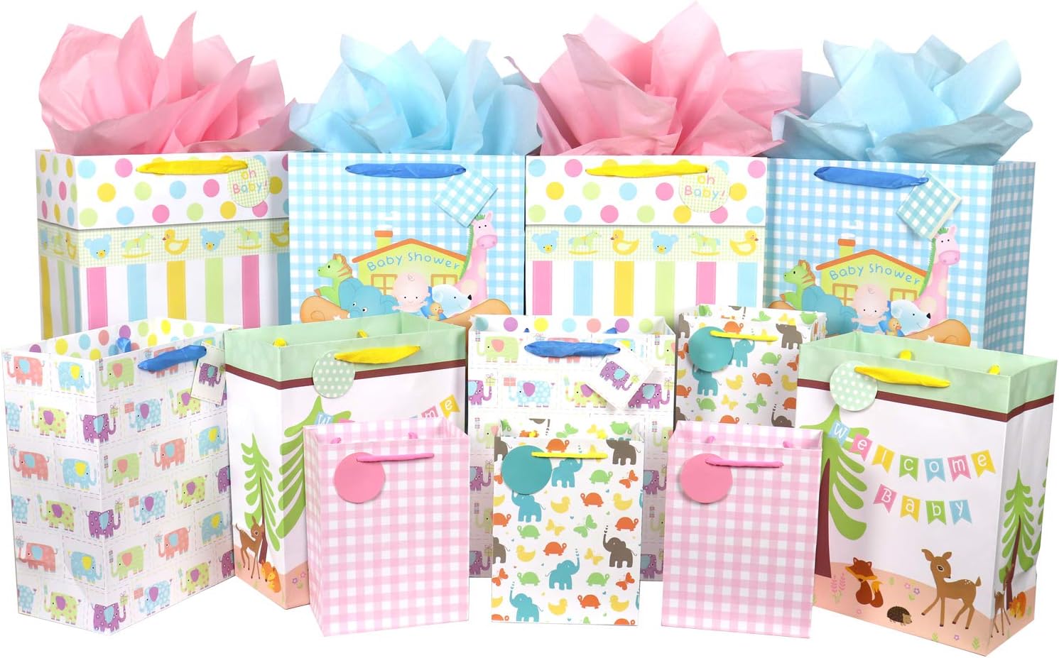 12 Pcs Baby Gift Bags, Large, Medium and Small Gift Bags Assortment for Baby Shower, Birthday, Parties, Baby Girl, and Baby Boy (Assorted Sizes)