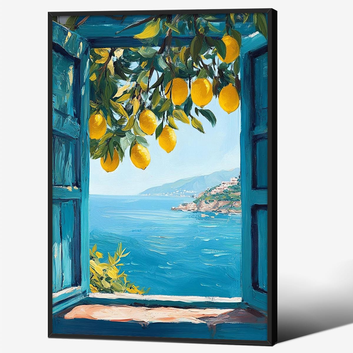 Black Framed Canvas Wall Art Posters Mediterranean Window View Coastal Lemon Tree Prints Blue Seascape Modern Nature Landscape Pictures for Bedroom Living Room Office Decor 16x24 In