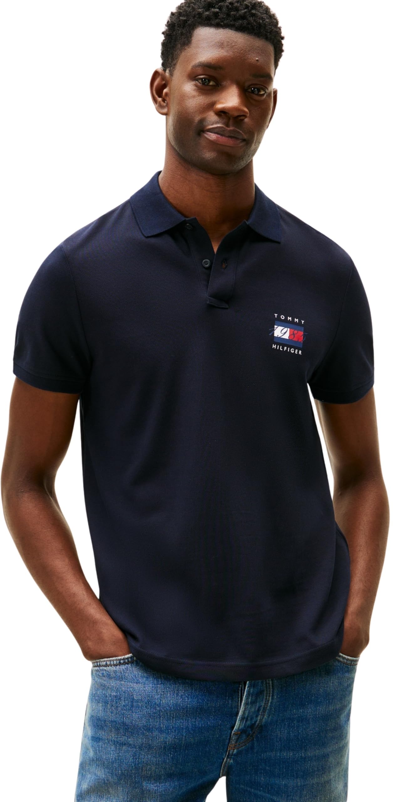 Tommy Hilfiger Men’s Short Sleeve Flag Graphic Pique Regular Fit Polo Shirt, Blue (Desert Sky), XXL
