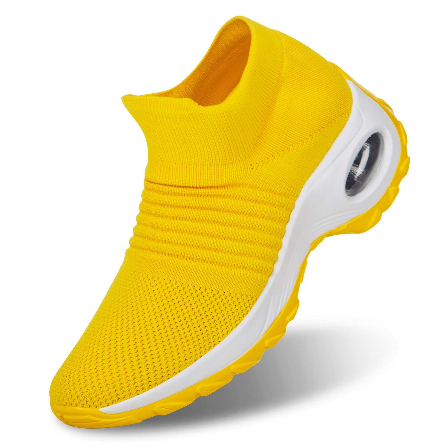 Ladies Trainers Air Cushion Slip-on Lightweight Running Shoes Gym Sport Outdoor Walking Breathable Jogging Fitness Athletic Casual Shoes, 1839-yellow, 7 UK