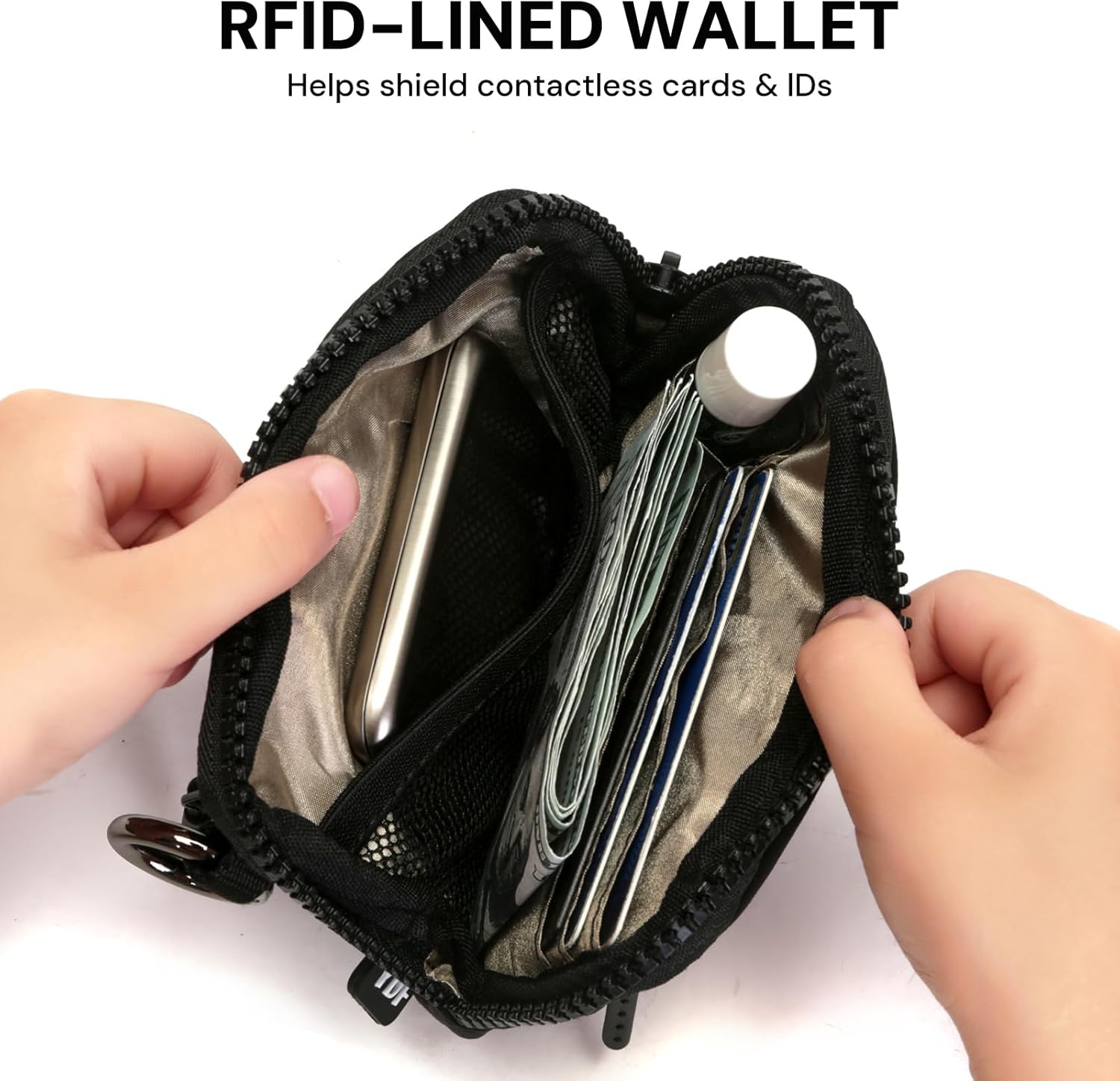 YDF 2nd Gen RFID Blocking Small Wallet for Women, Nylon Wristlet Coin Purse with ID Window & Lipstick Holder, 3-Zipper Mini Keychain Pouch Black
